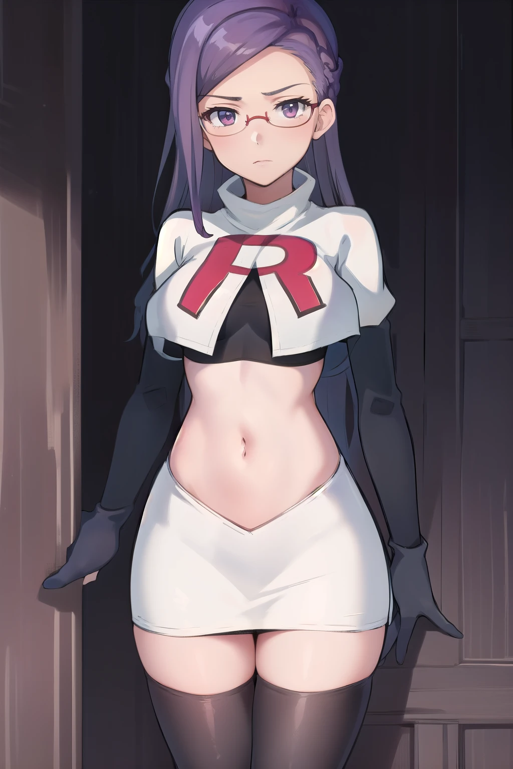 best quality, (masterpiece:1.2), illustration, absurdres, anime,
(1girl, solo), (beautiful detailed girl),
Ada Grant, purple hair, long hair, medium breasts,
glasses, team rocket,team rocket uniform, red letter R, white skirt,white crop top,black thigh-highs,black elbow gloves
(looking at viewer)