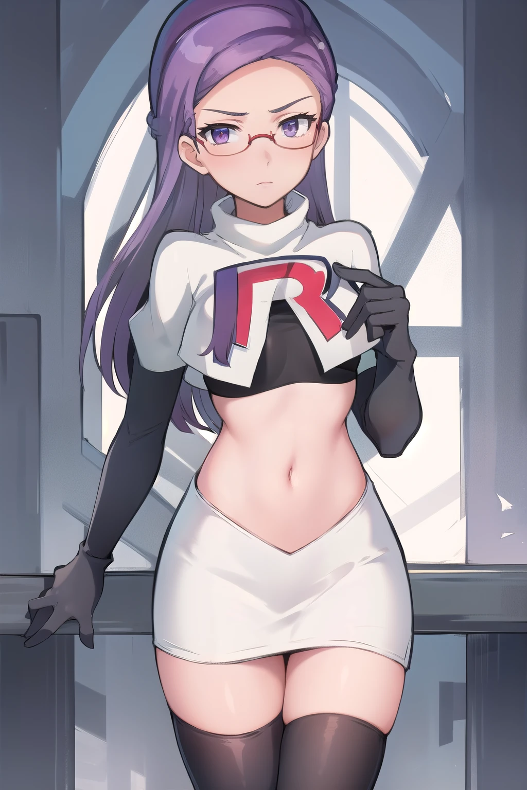 best quality, (masterpiece:1.2), illustration, absurdres, anime,
(1girl, solo), (beautiful detailed girl),
Ada Grant, purple hair, long hair, medium breasts,
glasses, team rocket,team rocket uniform, red letter R, white skirt,white crop top,black thigh-highs,black elbow gloves
(looking at viewer)