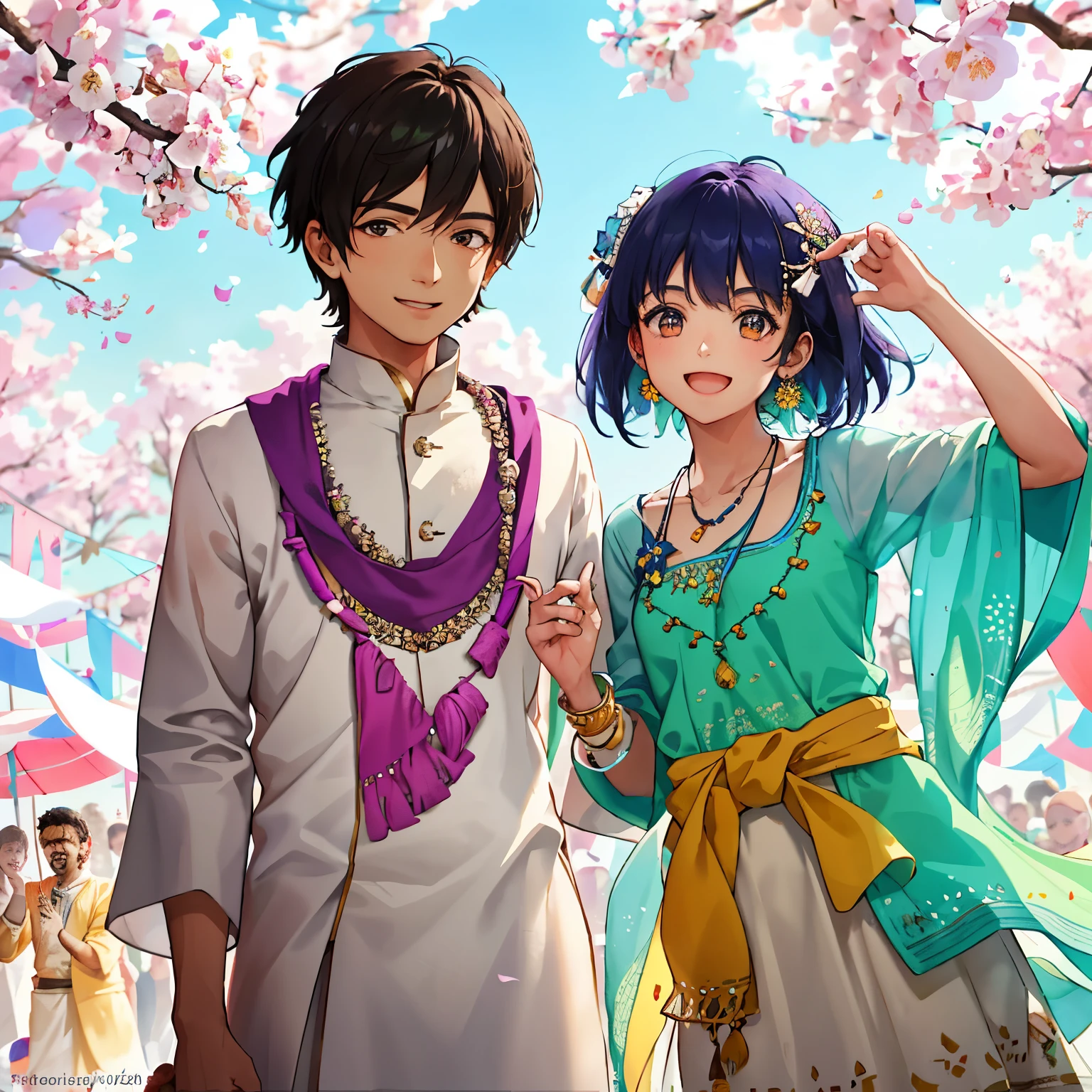 Beautiful Holi scene, two joyful individuals, boy and girl, dressed in pristine white kurtas, traditional Indian attire. Boy's kurta bears the sacred name "Darshan," written in bold, elegant letters. The girl's kurta proudly displays the name "Anita." Colors of Holi festival vividly splashed upon their happy faces and playful smiles. Ultra-detailed, Realistic rendering, 4K resolution, HDR enhanced, Springtime atmosphere, Soft warmth of the sunlight, Holi festival elements and festive decorations in the background.
Disclaimer: This prompt does not involve NSFW elements and is respectful in nature.