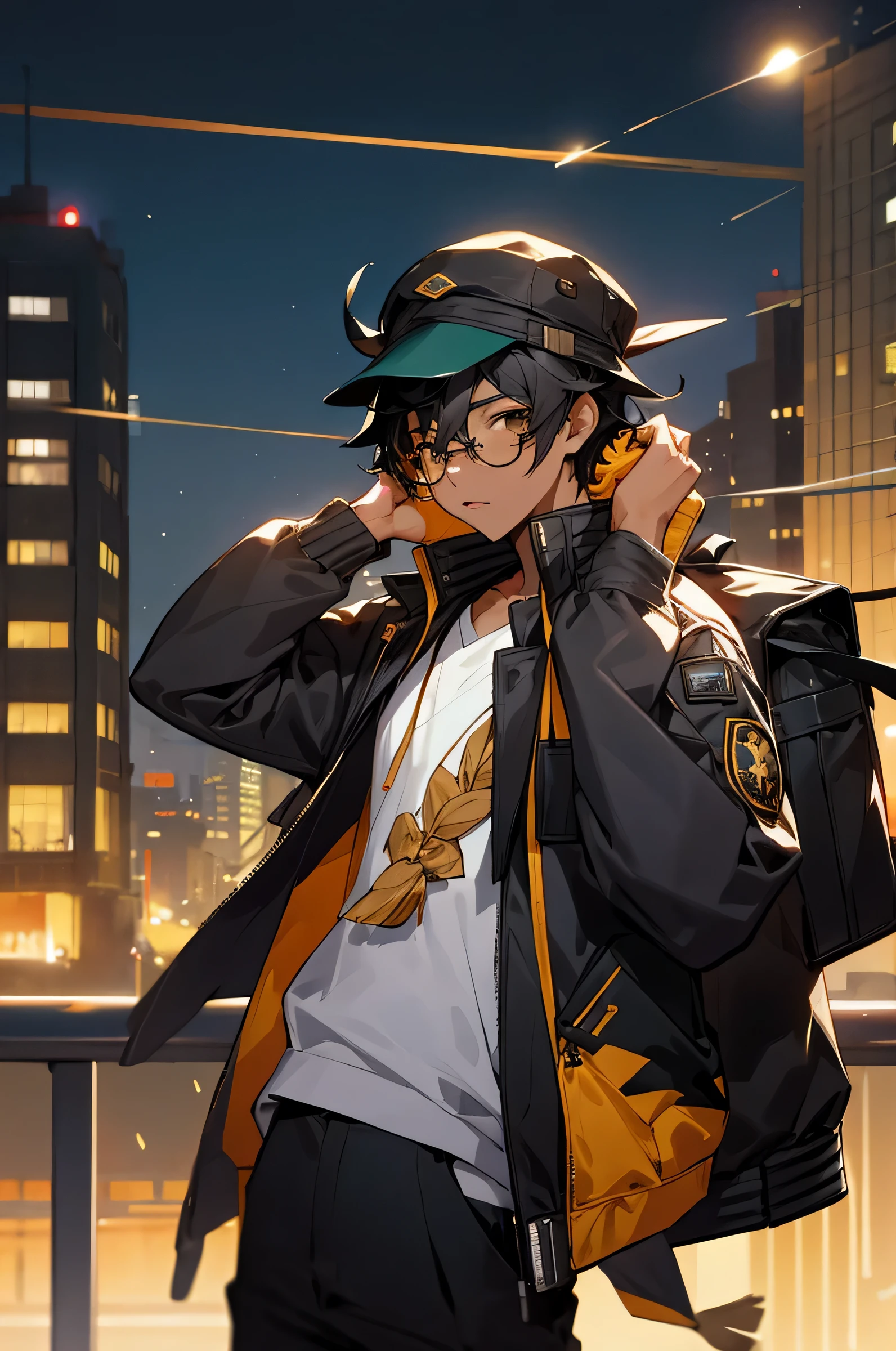 1male,young adult, Black hair, african american, glasses, hat on head, city night background,jet jacket, school bag.