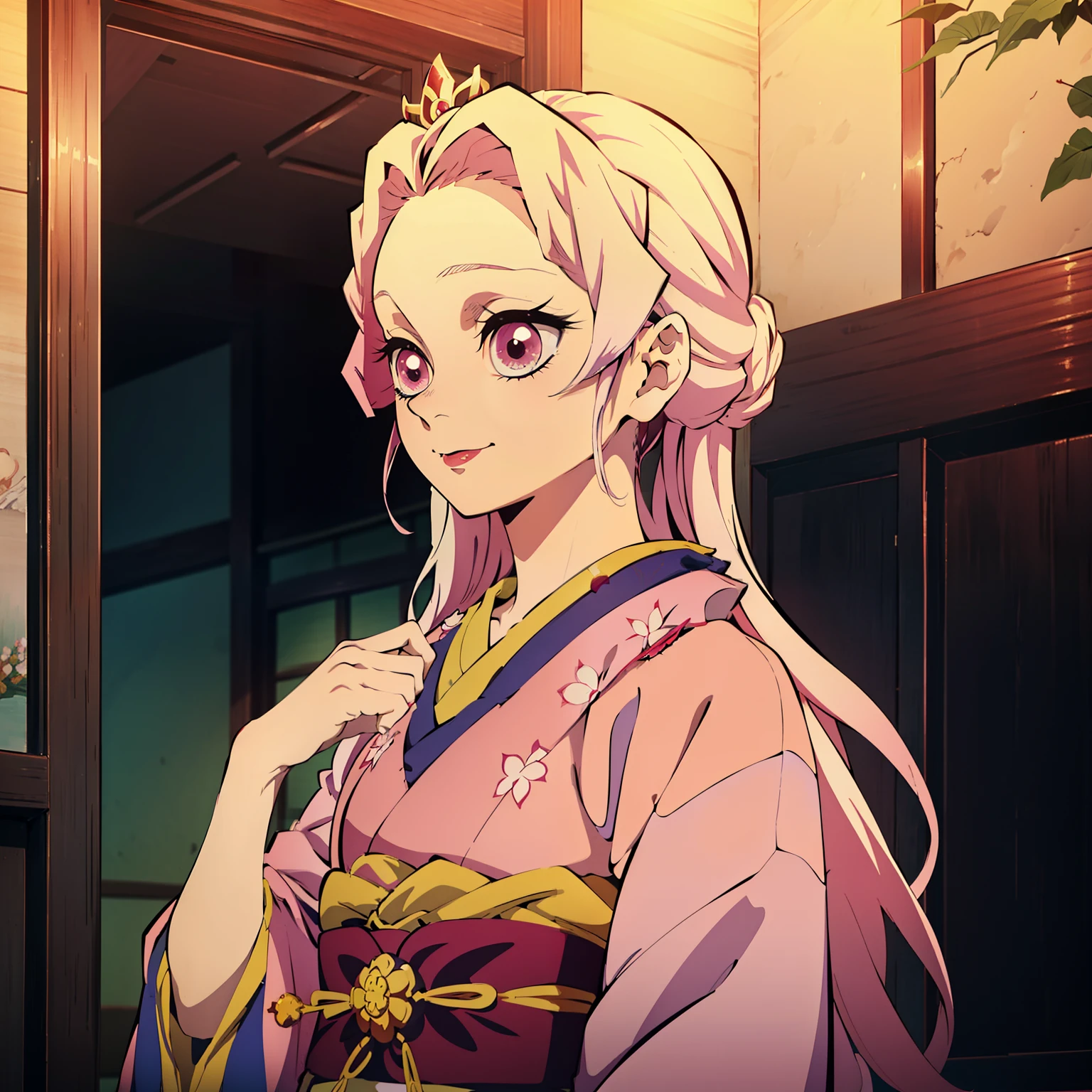 "estilo kimetsu no yaiba, depicts a single girl in a splendid kimono, radiating beauty and elegance with beautiful light pink hair, capturing the essence of a graceful, garota modesta confiante, sorridente, lip color, apaixonado, cheio de energia.