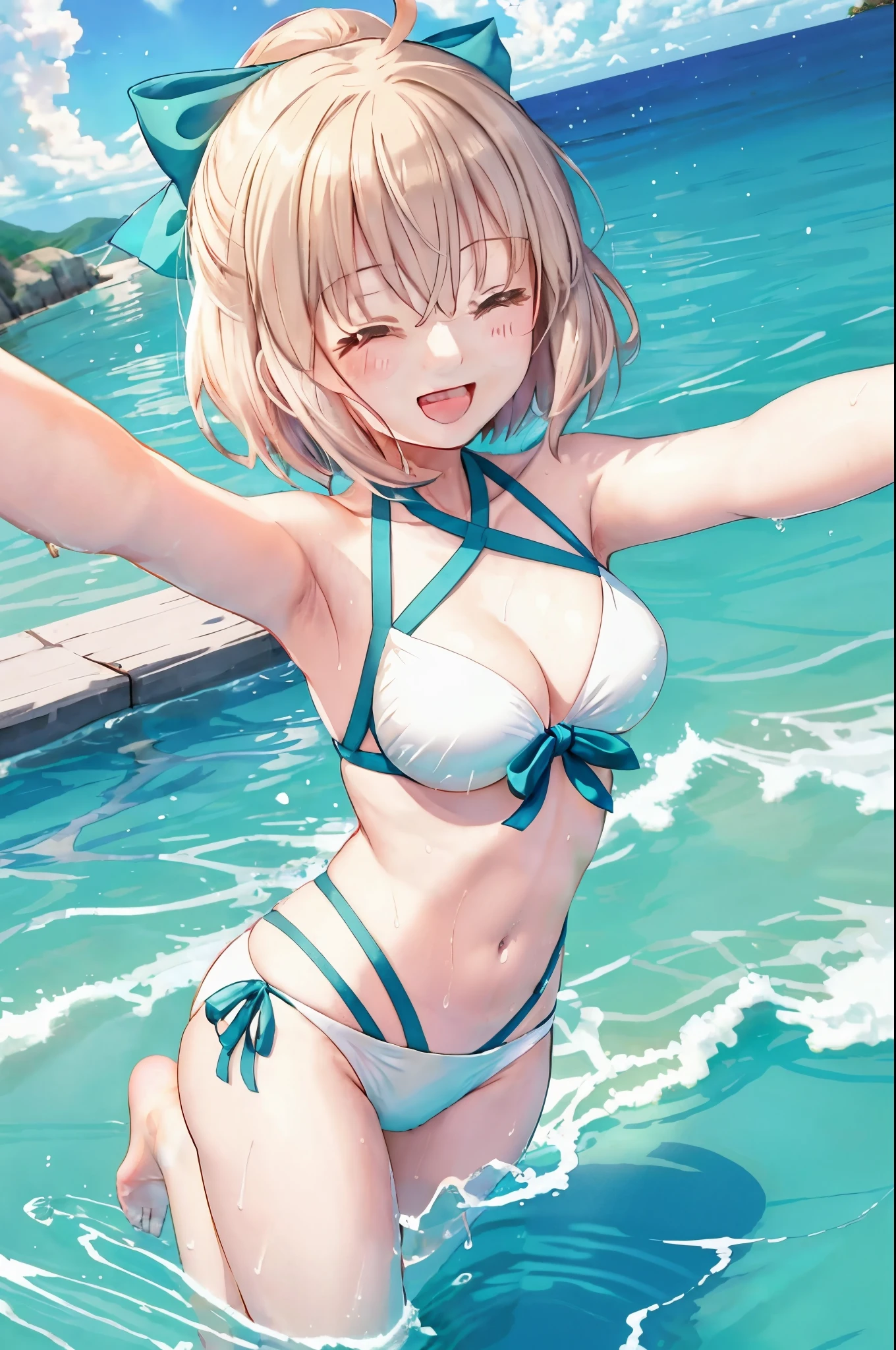 masterpiece, best quality,extremely detailed CG unity 8k wallpaper,
1girl,okita souji \(fate\), swimsuit,bikini,
 smile,open_mouth,dynamic_jumping,sunlight,splash_of_water,happy,closed_eyes,selfie