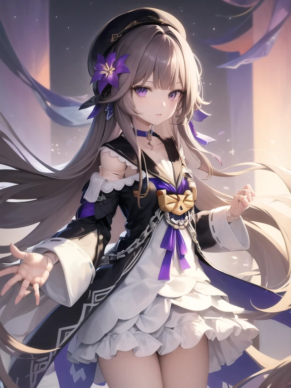 masterpiece, best quality, ultra-detailed, illustration, 1girl, solo,  herta /(honkai star rail/), grey hair, long hair, purple eyes, doll joints, small breasts, purple hair flower, beret, single earring, choker, collarbone, hertadress, black jacket, long sleeves, purple ribbon, frills, white dress, checkered dress, tailcoat, cowboy shot, thighs