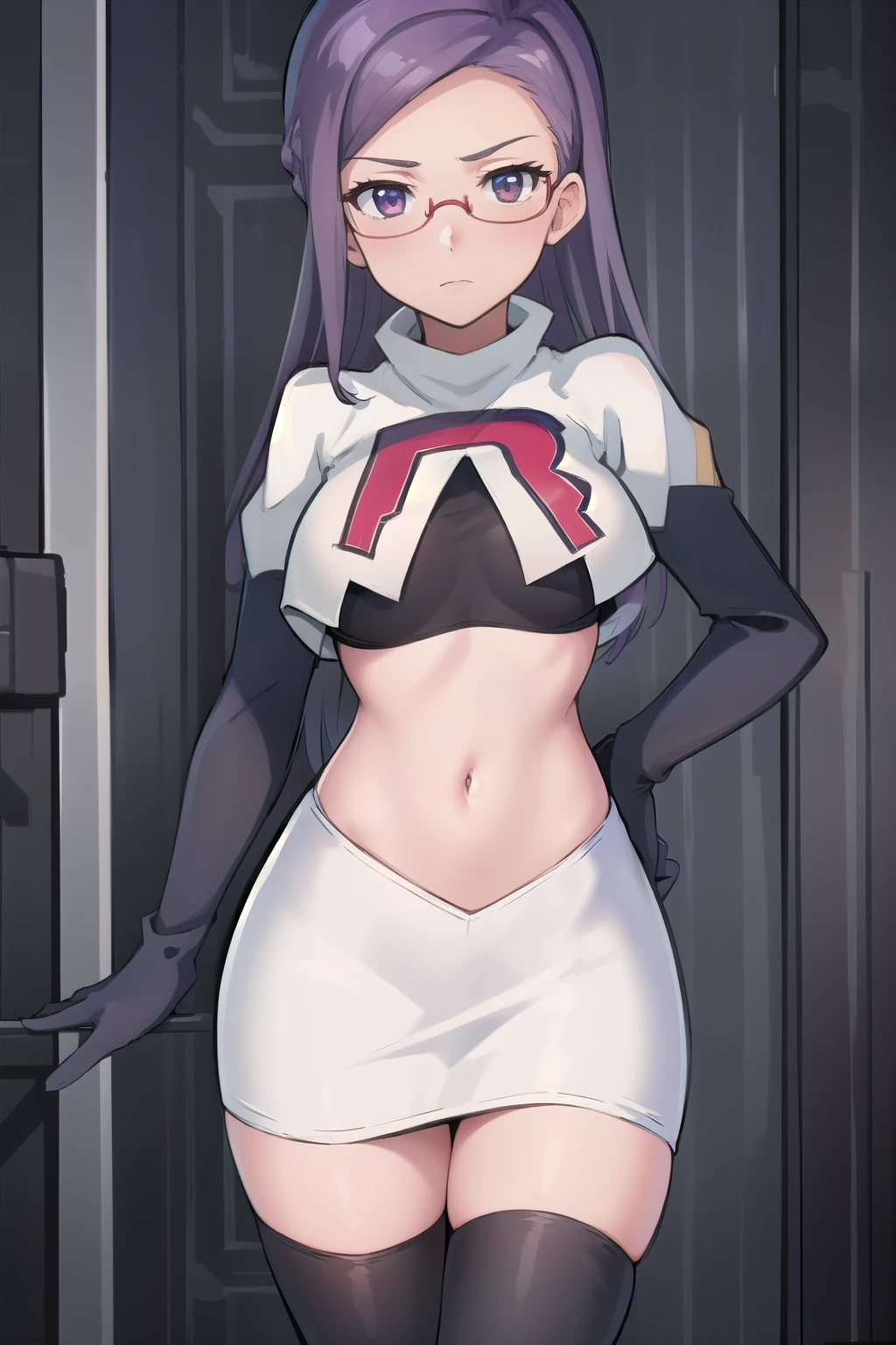 best quality, (masterpiece:1.2), illustration, absurdres, anime,
(1girl, solo), (beautiful detailed girl),
Ada Grant, purple hair, long hair, medium breasts,
glasses, team rocket,team rocket uniform, red letter R, white skirt,white crop top,black thigh-highs,black elbow gloves
 (looking at viewer)