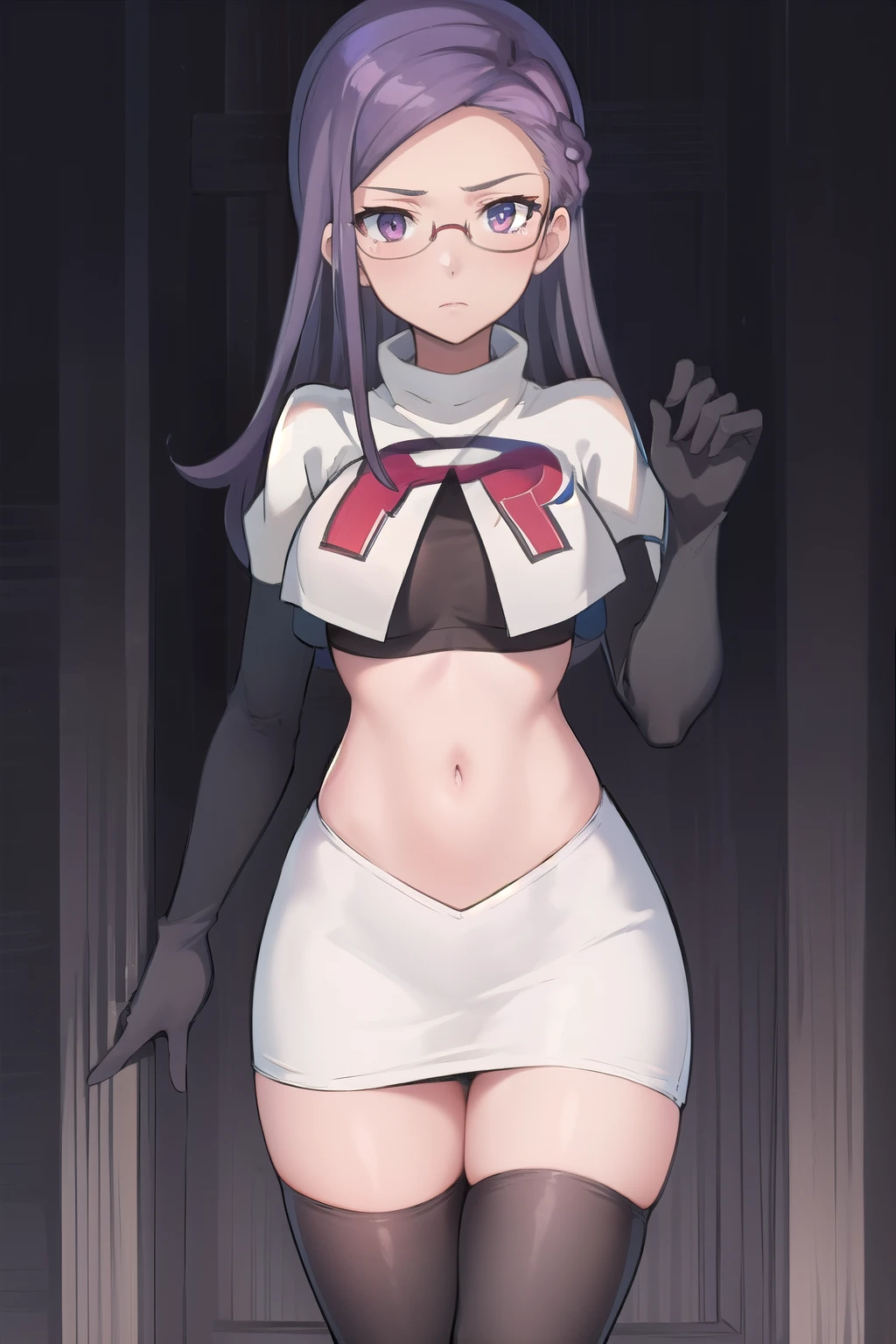 best quality, (masterpiece:1.2), illustration, absurdres, anime,
(1girl, solo), (beautiful detailed girl),
Ada Grant, purple hair, long hair, medium breasts,
glasses, team rocket,team rocket uniform, red letter R, white skirt,white crop top,black thigh-highs,black elbow gloves
 (looking at viewer)