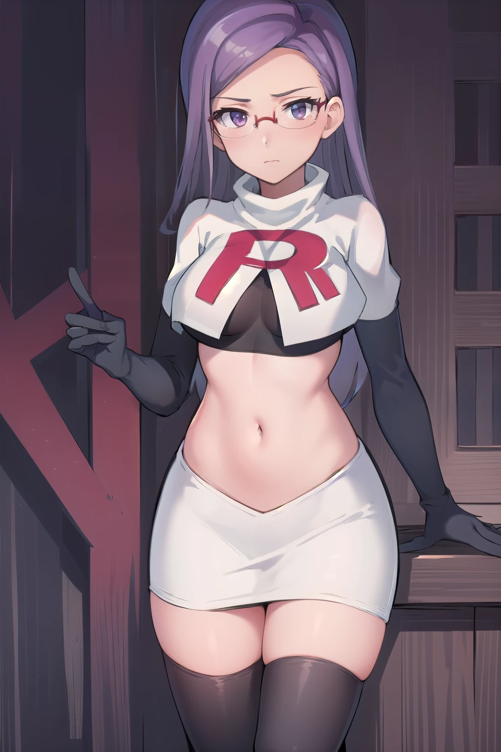 best quality, (masterpiece:1.2), illustration, absurdres, anime,
(1girl, solo), (beautiful detailed girl),
Ada Grant, purple hair, long hair, medium breasts,
glasses, team rocket,team rocket uniform, red letter R, white skirt,white crop top,black thigh-highs,black elbow gloves
 (looking at viewer)