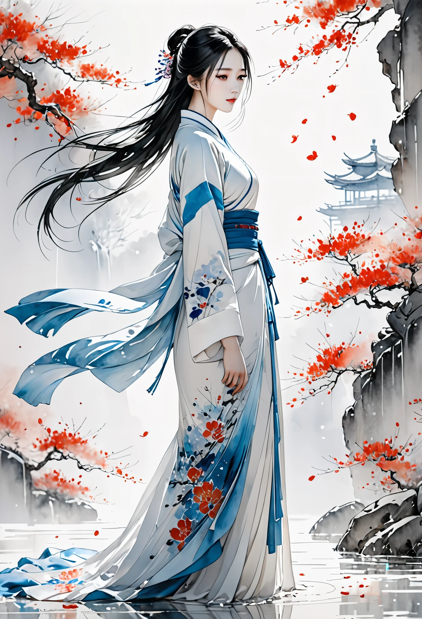 Illustration style, award winning art, Traditional Chinese painting style, Ink wash painting style, Flowing brushstrokes, by Agnes Cecile, Rich in layers, Classical Chinese maiden painting, The perfect fusion of modern art and traditional Chinese painting, Full-body view, A Chinese girl, Extremely beautiful countenance, Classical beauty of the East, Long hair, Silk-textured clothing, weared in translucent crystal sculpture glitch, Perfect female body, Graceful Eastern woman, octane render masterpiece, Scattered Watercolors,masterpiece scale, Falling petals, beautiful depth of field, ultra detailed CG perspective, ultra dynamic lighting amazing shadows