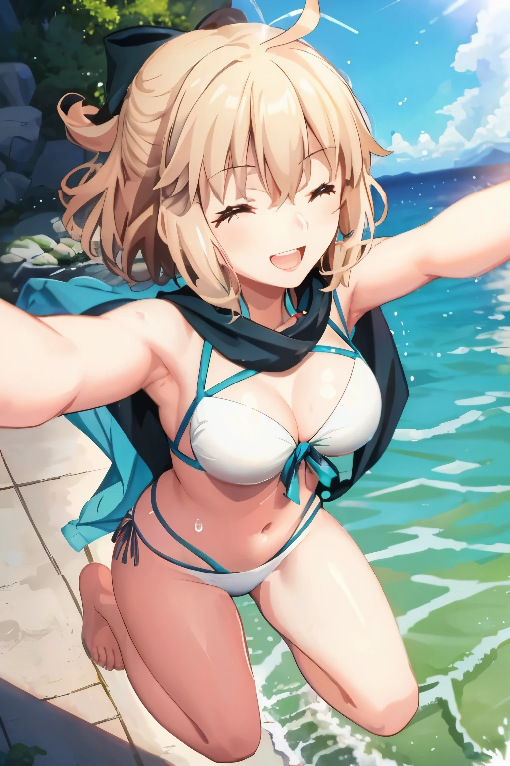 masterpiece, best quality,extremely detailed CG unity 8k wallpaper,
1girl,okita souji \(fate\), swimsuit,bikini,
 smile,open_mouth,dynamic_jumping,sunlight,splash_of_water,happy,closed_eyes,selfie