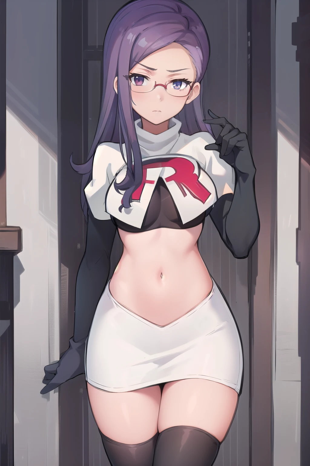 best quality, (masterpiece:1.2), illustration, absurdres, anime,
(1girl, solo), (beautiful detailed girl),
Ada Grant, purple hair, long hair, medium breasts,
glasses, team rocket,team rocket uniform, red letter R, white skirt,white crop top,black thigh-highs,black elbow gloves
 (looking at viewer)