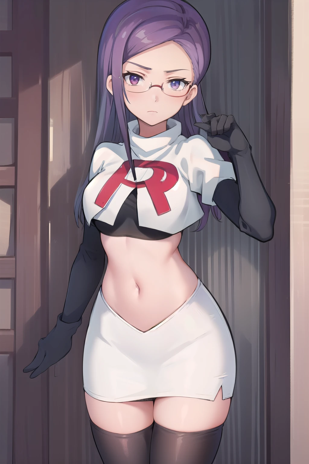 best quality, (masterpiece:1.2), illustration, absurdres, anime,
(1girl, solo), (beautiful detailed girl),
Ada Grant, purple hair, long hair, medium breasts,
glasses, team rocket,team rocket uniform, red letter R, white skirt,white crop top,black thigh-highs,black elbow gloves
 (looking at viewer)