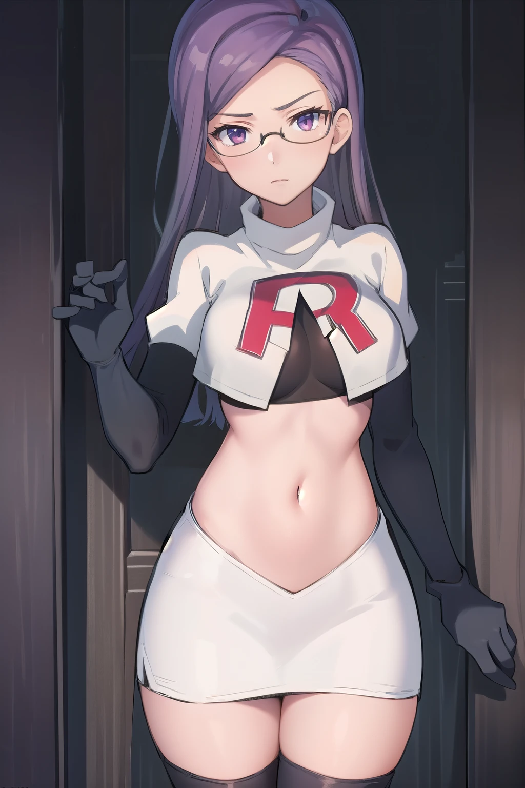 best quality, (masterpiece:1.2), illustration, absurdres, anime,
(1girl, solo), (beautiful detailed girl),
Ada Grant, purple hair, long hair, medium breasts,
glasses, team rocket,team rocket uniform, red letter R, white skirt,white crop top,black thigh-highs,black elbow gloves
 (looking at viewer)