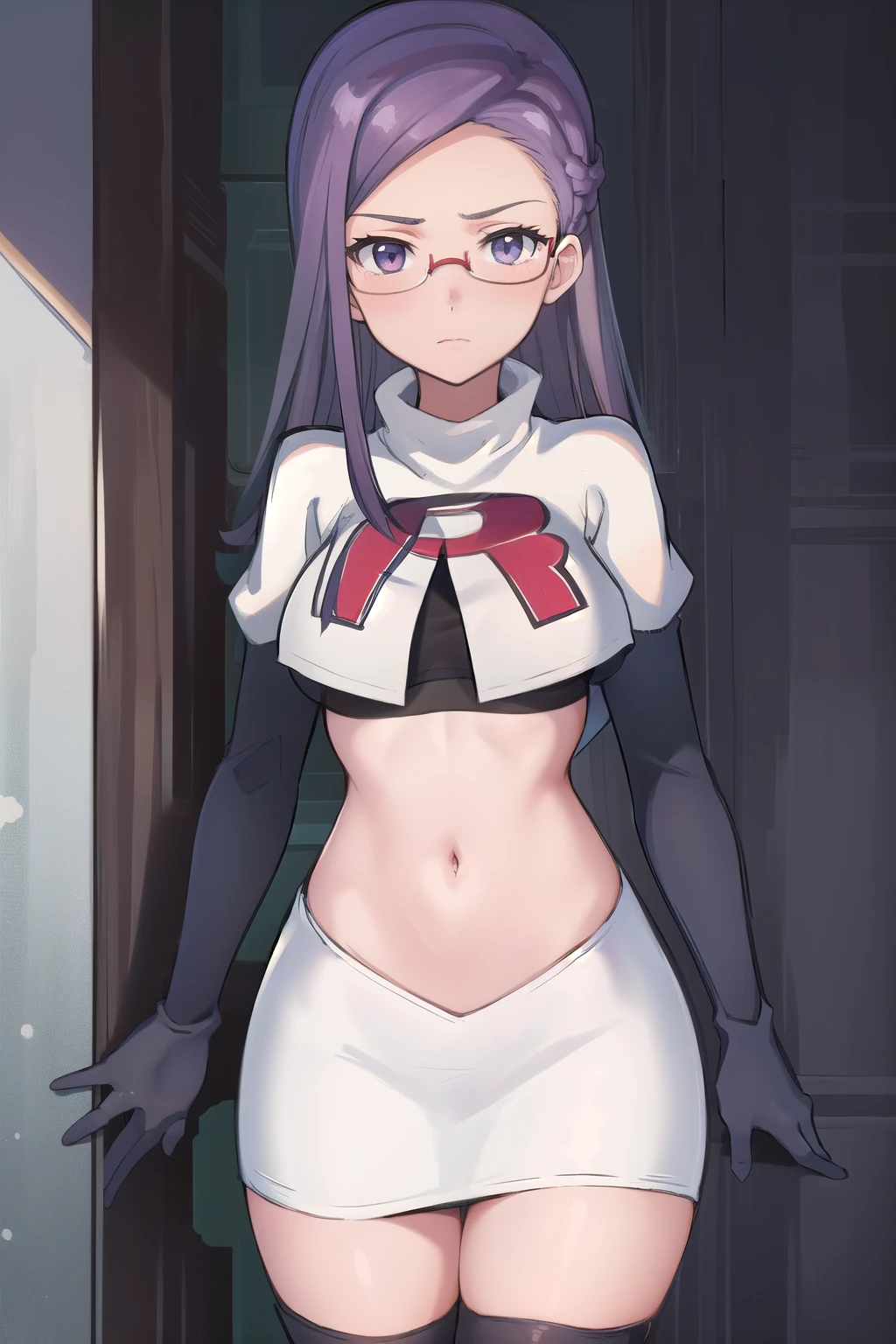 best quality, (masterpiece:1.2), illustration, absurdres, anime,
(1girl, solo), (beautiful detailed girl),
Ada Grant, purple hair, long hair, medium breasts,
glasses, team rocket,team rocket uniform, red letter R, white skirt,white crop top,black thigh-highs,black elbow gloves
 (looking at viewer)