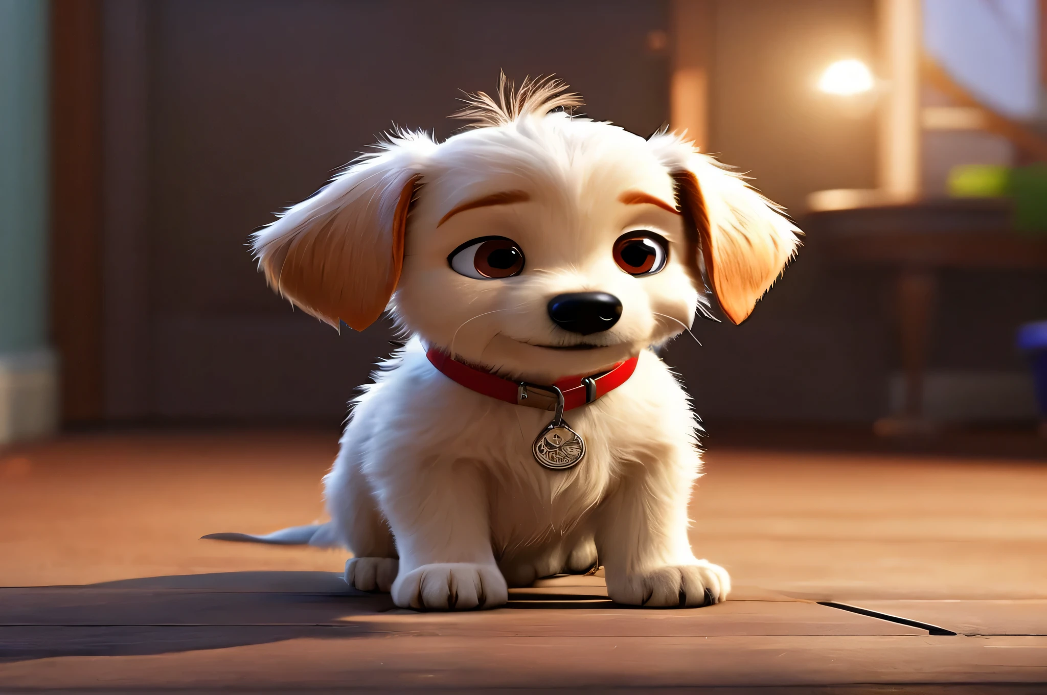 Chiot sitting on the floor with a red collar and a red collar, Disney Image du film Pixar, un moment de bonheur, personnage pixar mignon, Image tirée d&#39;un film Pixar de 2015, Chiot, Image tirée d’un film Pixar, small white dog at her side, par Pixar, Image du film Pixar, Image du film Pixar, Image tirée du film Pixar