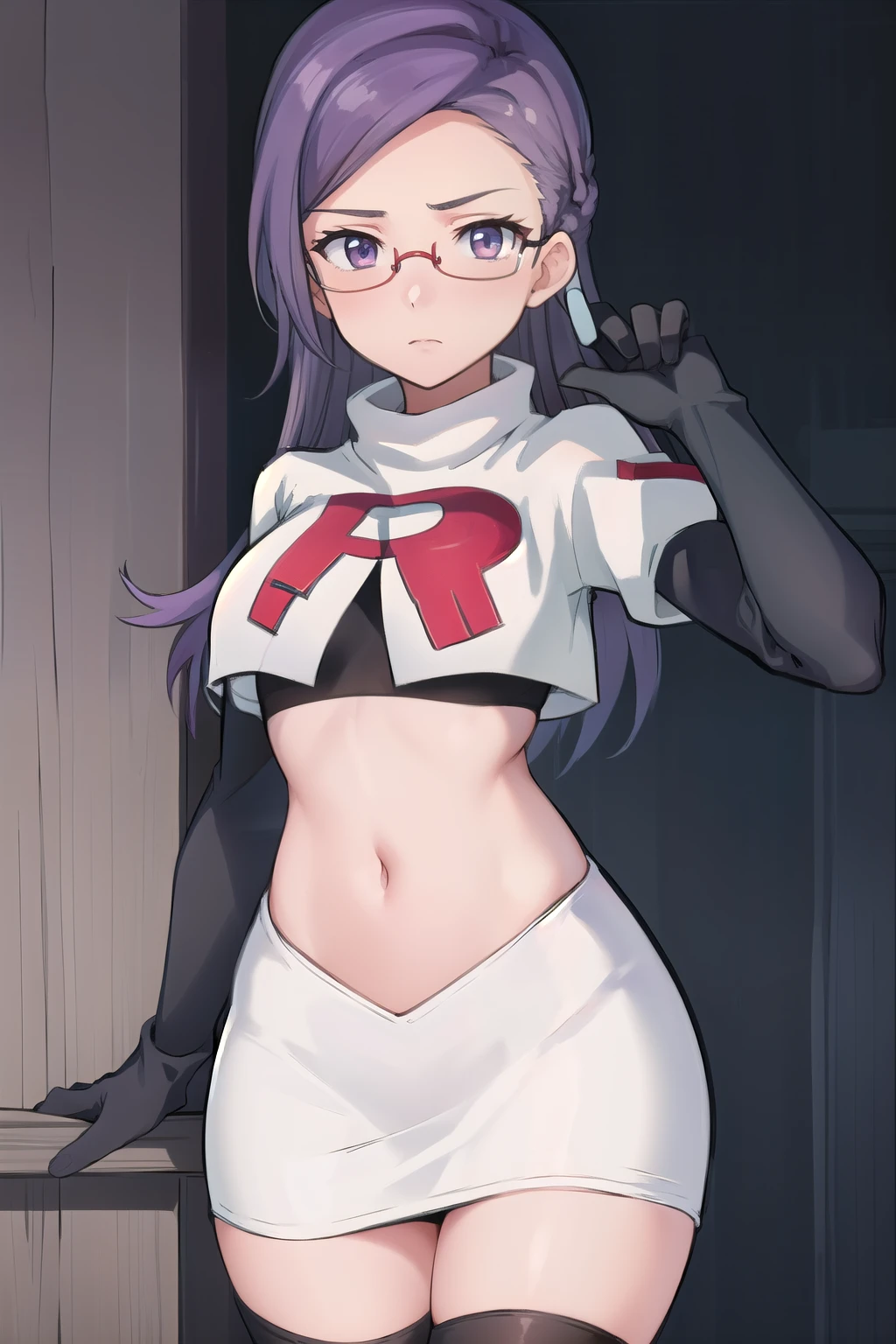 best quality, (masterpiece:1.2), illustration, absurdres, anime,
(1girl, solo), (beautiful detailed girl),
Ada Grant, purple hair, long hair, medium breasts,
glasses, team rocket,team rocket uniform, red letter R, white skirt,white crop top,black thigh-highs,black elbow gloves
 (looking at viewer)