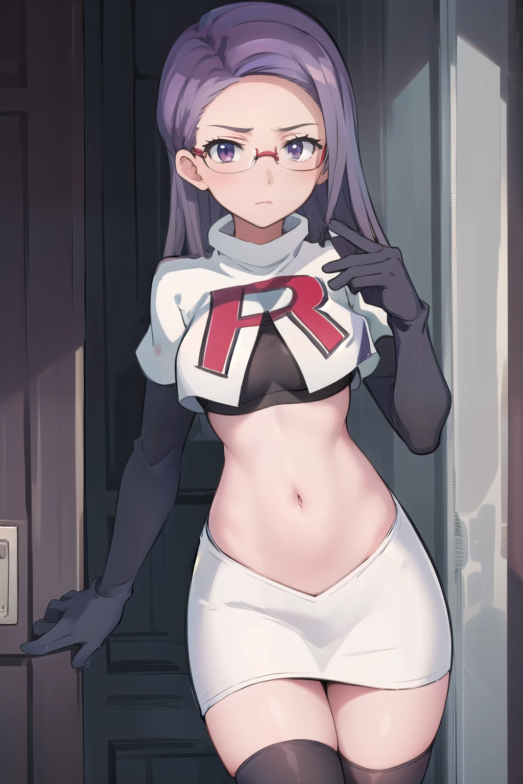 best quality, (masterpiece:1.2), illustration, absurdres, anime,
(1girl, solo), (beautiful detailed girl),
Ada Grant, purple hair, long hair, medium breasts,
glasses, team rocket,team rocket uniform, red letter R, white skirt,white crop top,black thigh-highs,black elbow gloves
 (looking at viewer)