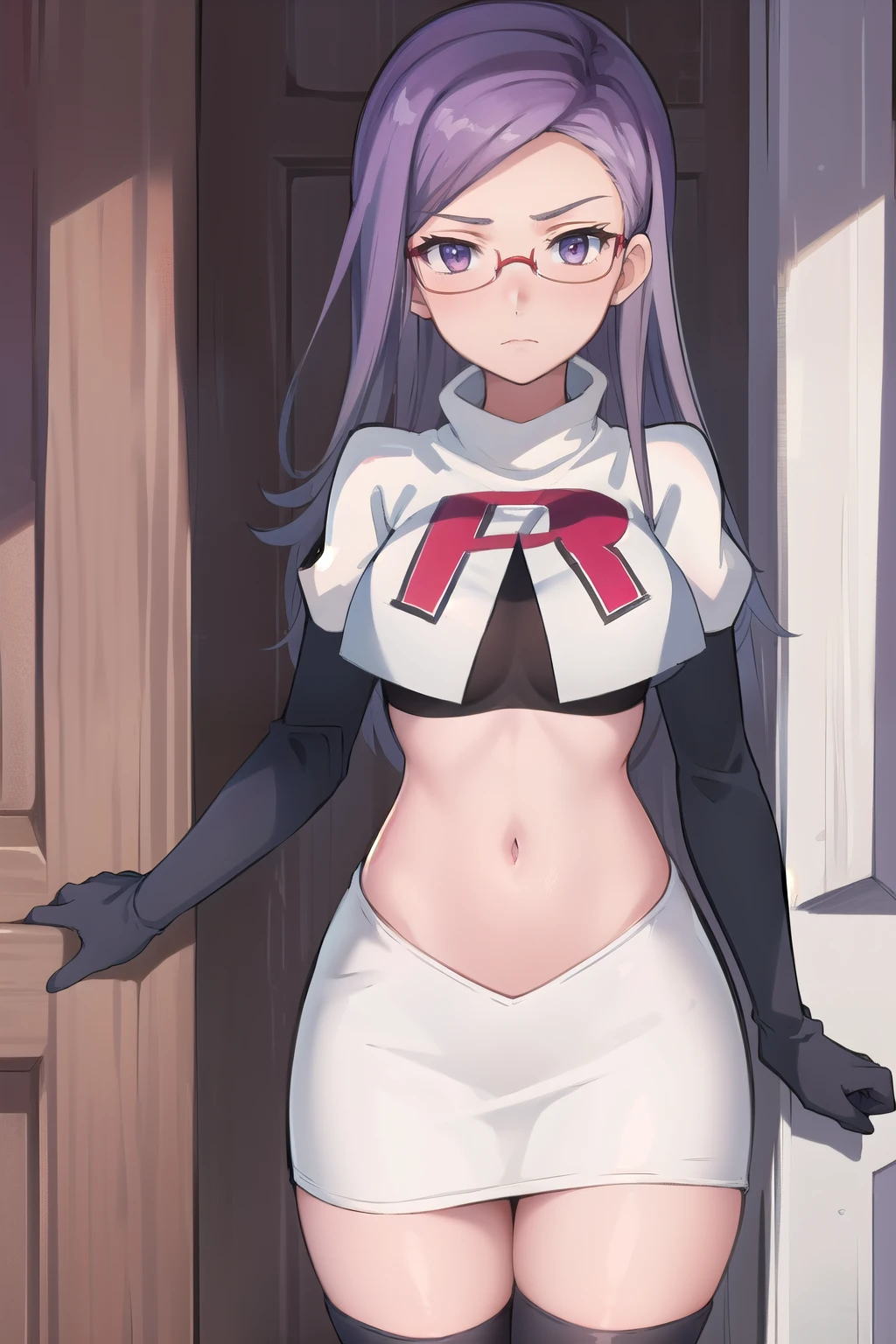 best quality, (masterpiece:1.2), illustration, absurdres, anime,
(1girl, solo), (beautiful detailed girl),
Ada Grant, purple hair, long hair, medium breasts,
glasses, team rocket,team rocket uniform, red letter R, white skirt,white crop top,black thigh-highs,black elbow gloves
 (looking at viewer)