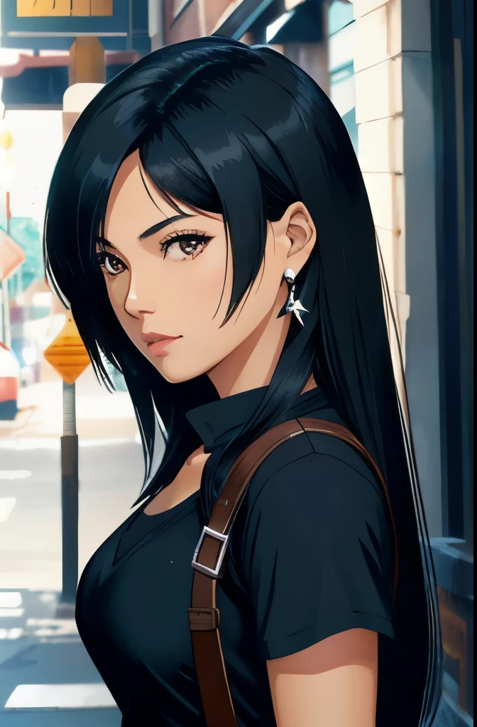 filipina girl,with long black wolfcut hair,wearing black clothes,looks like a ps1 character,tifa lockshar inspired,has silver jewelries