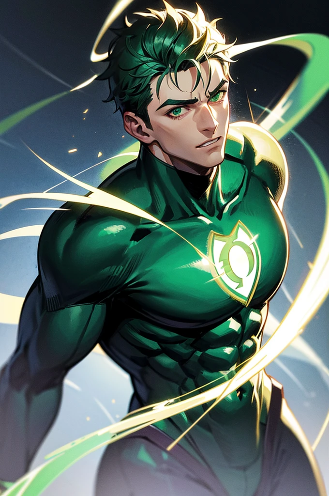 best quality,4k,highres,ultra-detailed,(realistic:1.37),(portrait:1.1),DC's green lantern flexing in front of mirror,confident facial expression,detailed facial features,emerald green glowing eyes,sharp jawline,suit perfectly hugging his body,rippling muscles,shiny metallic texture of the green lantern suit,sleek black boots,strong and powerful physique,smoke-like energy emanating from his ring,levitating in mid-air,background with the emblem of the green lantern corps,green glow illuminating the room,subtle shadows and highlights,studio lighting,vivid colors,mysterious and moody atmosphere