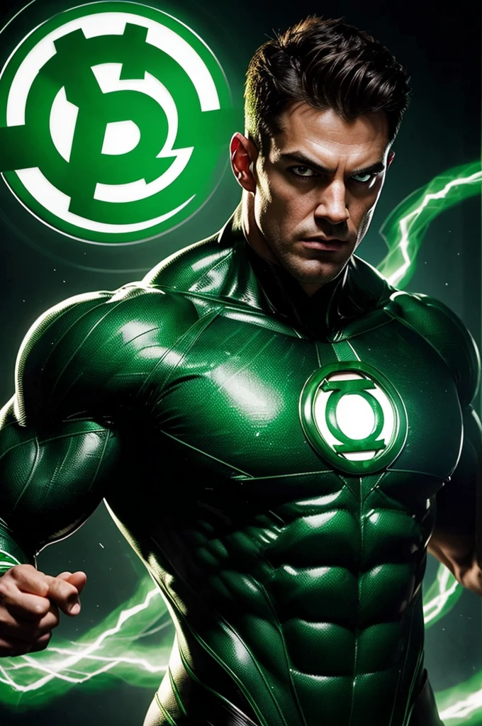 best quality,4k,highres,ultra-detailed,(realistic:1.37),(portrait:1.1),DC's green lantern flexing in front of mirror,confident facial expression,detailed facial features,emerald green glowing eyes,sharp jawline,suit perfectly hugging his body,rippling muscles,shiny metallic texture of the green lantern suit,sleek black boots,strong and powerful physique,smoke-like energy emanating from his ring,levitating in mid-air,background with the emblem of the green lantern corps,green glow illuminating the room,subtle shadows and highlights,studio lighting,vivid colors,mysterious and moody atmosphere
