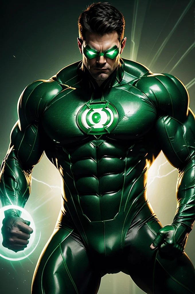 best quality,4k,highres,ultra-detailed,(realistic:1.37),(portrait:1.1),DC's green lantern flexing in front of mirror,confident facial expression,detailed facial features,emerald green glowing eyes,sharp jawline,suit perfectly hugging his body,rippling muscles,shiny metallic texture of the green lantern suit,sleek black boots,strong and powerful physique,smoke-like energy emanating from his ring,levitating in mid-air,background with the emblem of the green lantern corps,green glow illuminating the room,subtle shadows and highlights,studio lighting,vivid colors,mysterious and moody atmosphere