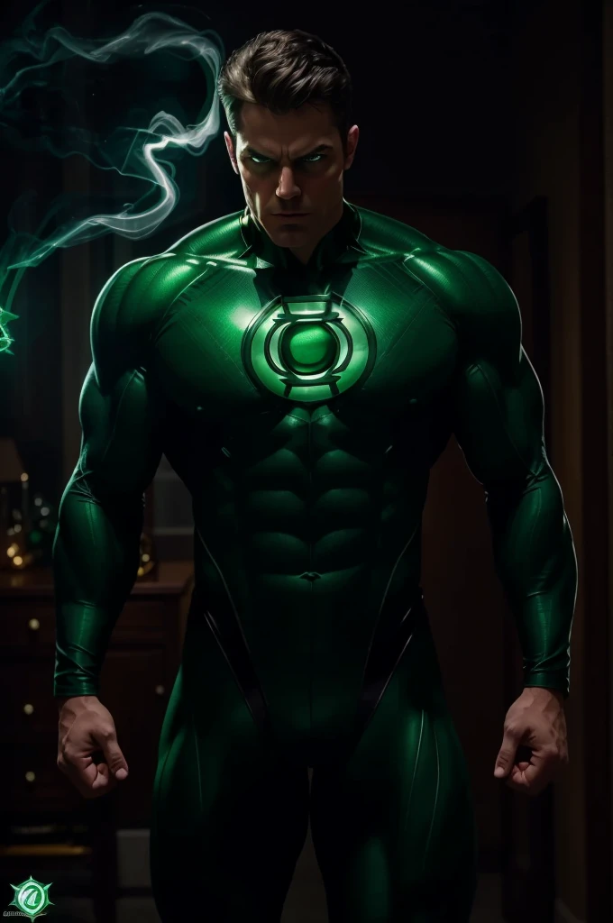 best quality,4k,highres,ultra-detailed,(realistic:1.37),(portrait:1.1),DC's green lantern flexing in front of mirror,confident facial expression,detailed facial features,emerald green glowing eyes,sharp jawline,suit perfectly hugging his body,rippling muscles,shiny metallic texture of the green lantern suit,sleek black boots,strong and powerful physique,smoke-like energy emanating from his ring,levitating in mid-air,background with the emblem of the green lantern corps,green glow illuminating the room,subtle shadows and highlights,studio lighting,vivid colors,mysterious and moody atmosphere