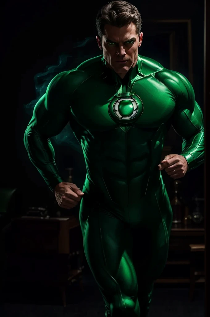 best quality,4k,highres,ultra-detailed,(realistic:1.37),(portrait:1.1),DC's green lantern flexing in front of mirror,confident facial expression,detailed facial features,emerald green glowing eyes,sharp jawline,suit perfectly hugging his body,rippling muscles,shiny metallic texture of the green lantern suit,sleek black boots,strong and powerful physique,smoke-like energy emanating from his ring,levitating in mid-air,background with the emblem of the green lantern corps,green glow illuminating the room,subtle shadows and highlights,studio lighting,vivid colors,mysterious and moody atmosphere