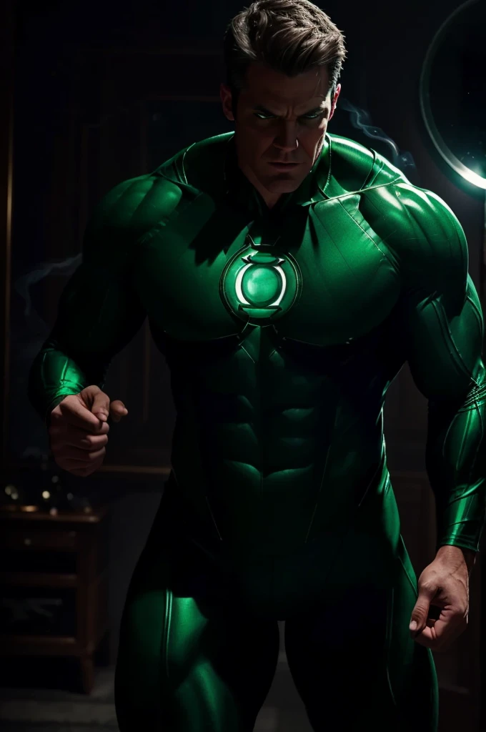 best quality,4k,highres,ultra-detailed,(realistic:1.37),(portrait:1.1),DC's green lantern flexing in front of mirror,confident facial expression,detailed facial features,emerald green glowing eyes,sharp jawline,suit perfectly hugging his body,rippling muscles,shiny metallic texture of the green lantern suit,sleek black boots,strong and powerful physique,smoke-like energy emanating from his ring,levitating in mid-air,background with the emblem of the green lantern corps,green glow illuminating the room,subtle shadows and highlights,studio lighting,vivid colors,mysterious and moody atmosphere