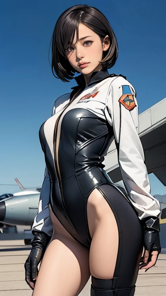 1 girl、A female fighter pilot is looking at me、black short hair、Idol level cuteness、Slender but big breasts、Fitted colorful patterned female fighter pilot suit、military airfield、In front of a propeller fighter jet、anatomically correct、precise fingers、exact limbasterpiece、photo reality、
