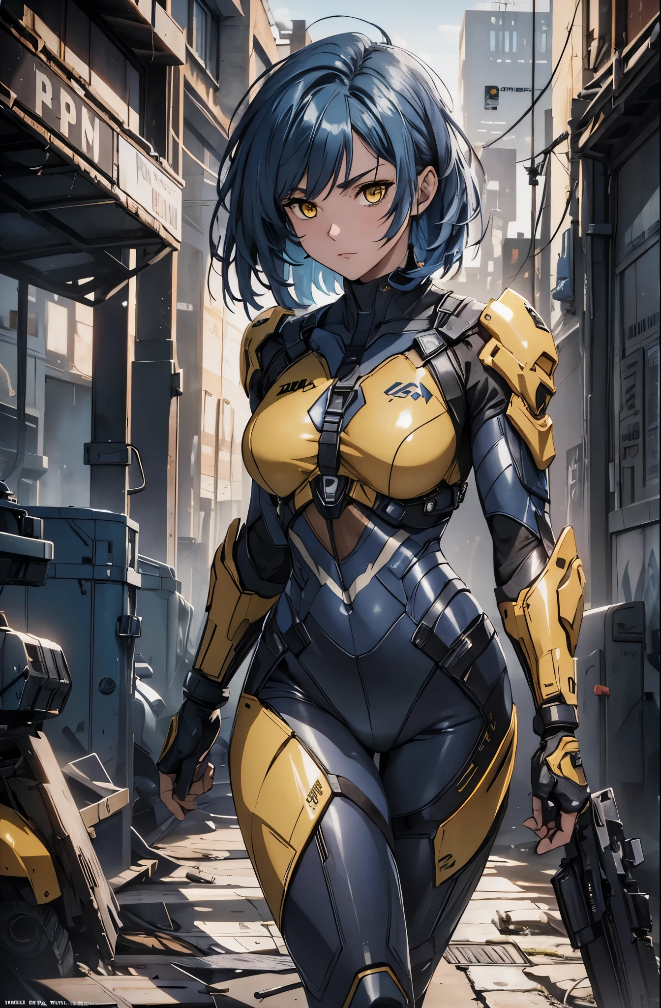 1female, blue medium length hair, yellow eyes, wearing modern combat suit, beautiful, model, ultra high resolution, best quality, 4k, official art, highly detailed, masterpiece