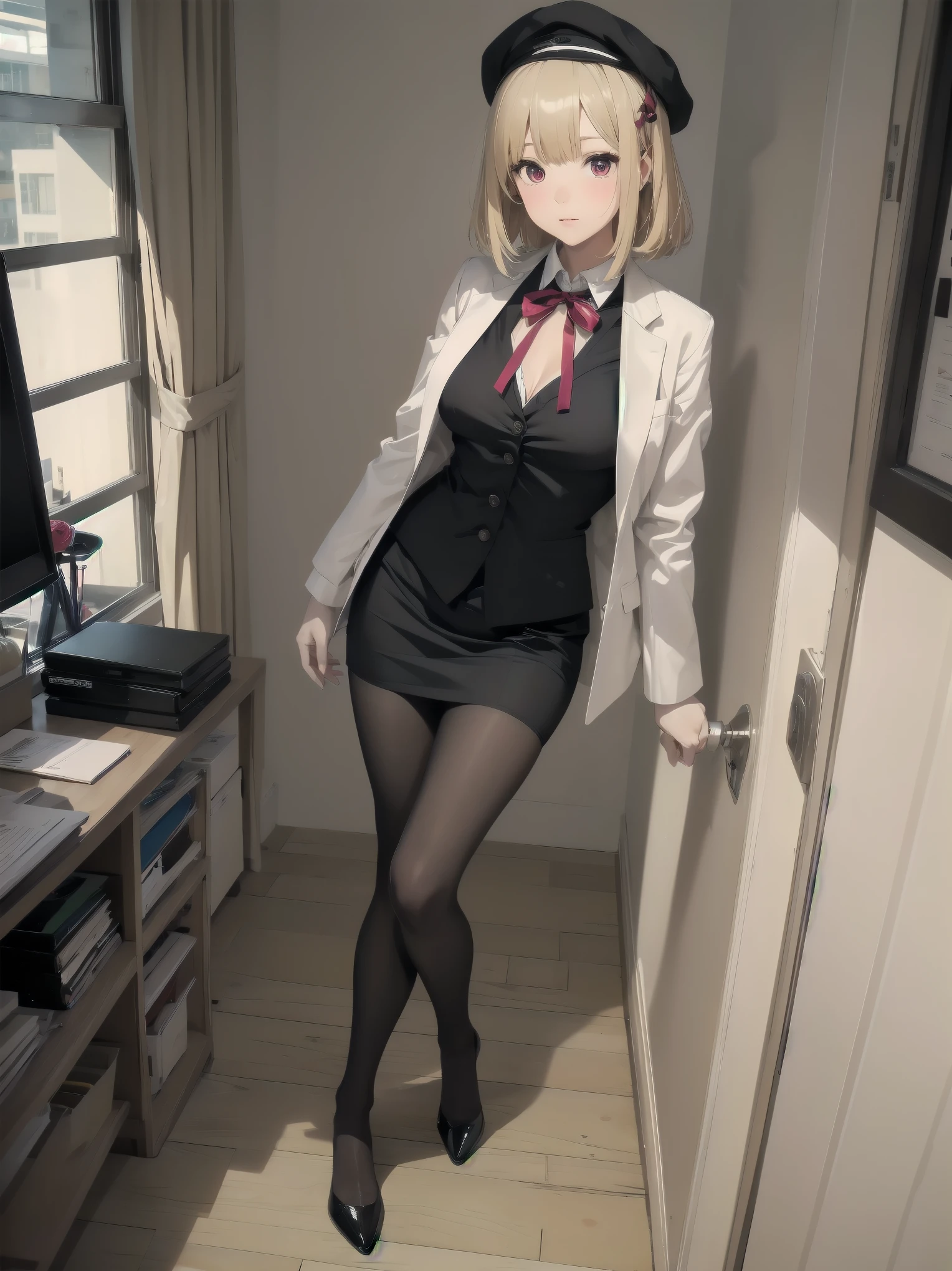 (Masterpiece: 1. 2), (Top quality: 1. 2), Anime girl, One, Blonde hair, Hair clip on right side of forelock, Black cap, Wine red eyes, White female shirt, Brand grey blazer, Small red ribbon across chest, Office clothes, One size larger shirt, Checked priss skirt, Black tights, tights with fine detail, full body, large breasts, front view, alone, bruised and super cute