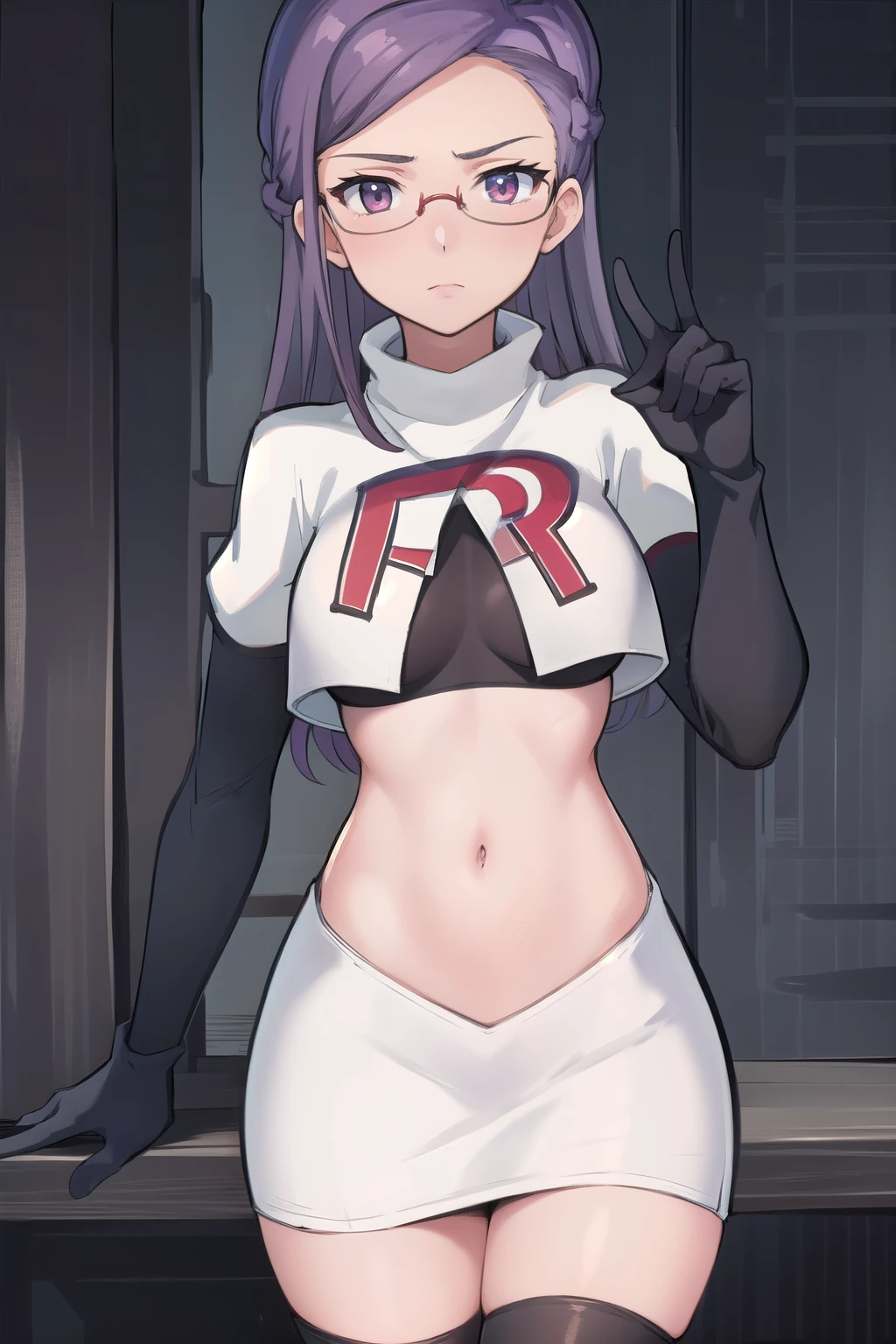 best quality, (masterpiece:1.2), illustration, absurdres, anime,
(1girl, solo), (beautiful detailed girl),
Ada Grant, purple hair, long hair, medium breasts,
glasses, team rocket,team rocket uniform, red letter R, white skirt,white crop top,black thigh-highs,black elbow gloves
 (looking at viewer)