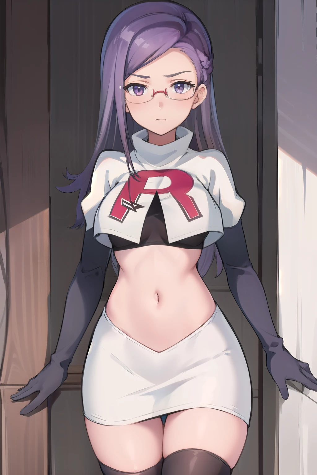 best quality, (masterpiece:1.2), illustration, absurdres, anime,
(1girl, solo), (beautiful detailed girl),
Ada Grant, purple hair, long hair, medium breasts,
glasses, team rocket,team rocket uniform, red letter R, white skirt,white crop top,black thigh-highs,black elbow gloves
 (looking at viewer)