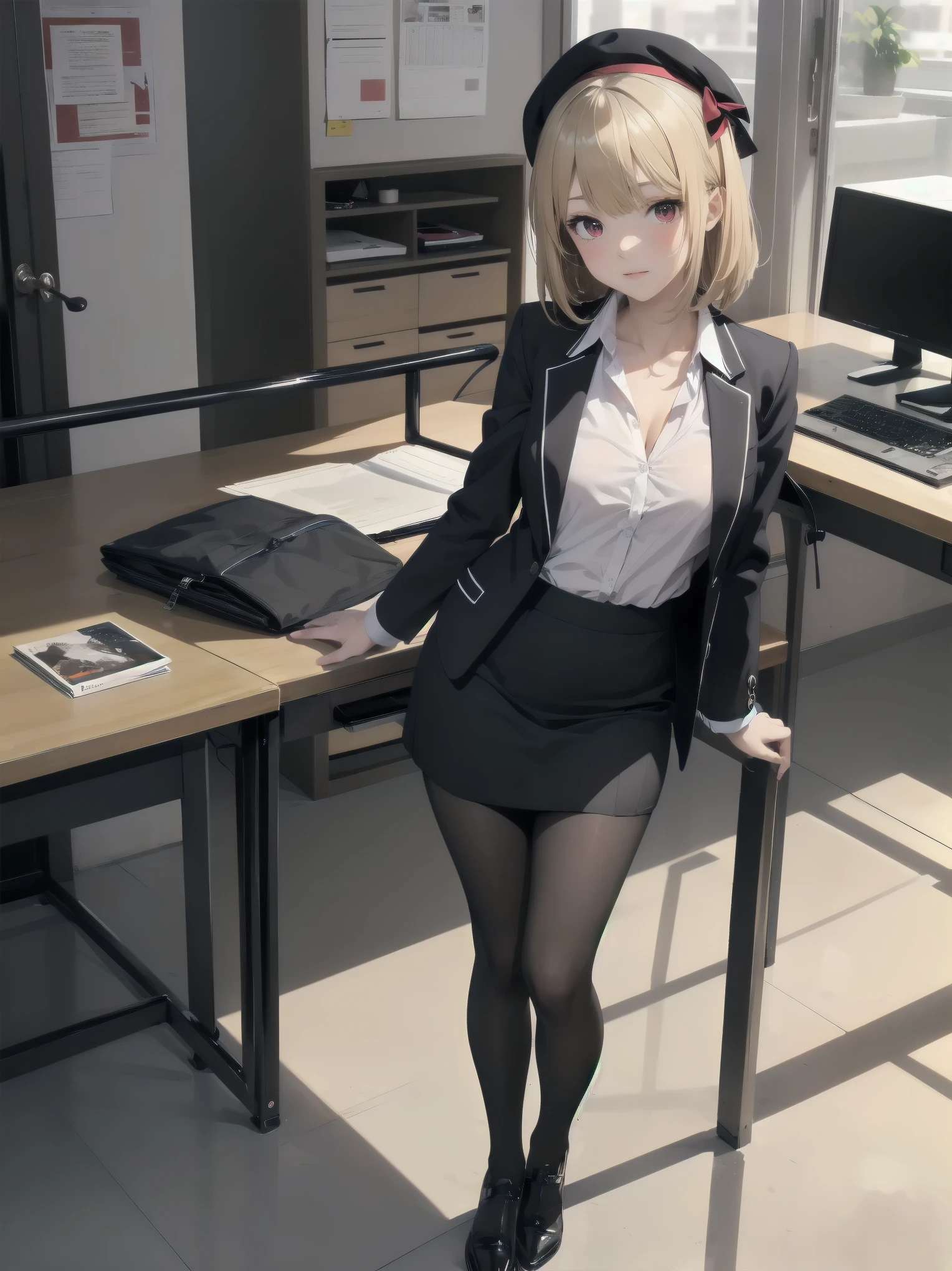 (Masterpiece: 1. 2), (Top quality: 1. 2), Anime girl, One, Blonde hair, Hair clip on right side of forelock, Black cap, Wine red eyes, White female shirt, Brand grey blazer, Small red ribbon across chest, Office clothes, One size larger shirt, Checked priss skirt, Black tights, tights with fine detail, full body, large breasts, front view, alone, bruised and super cute