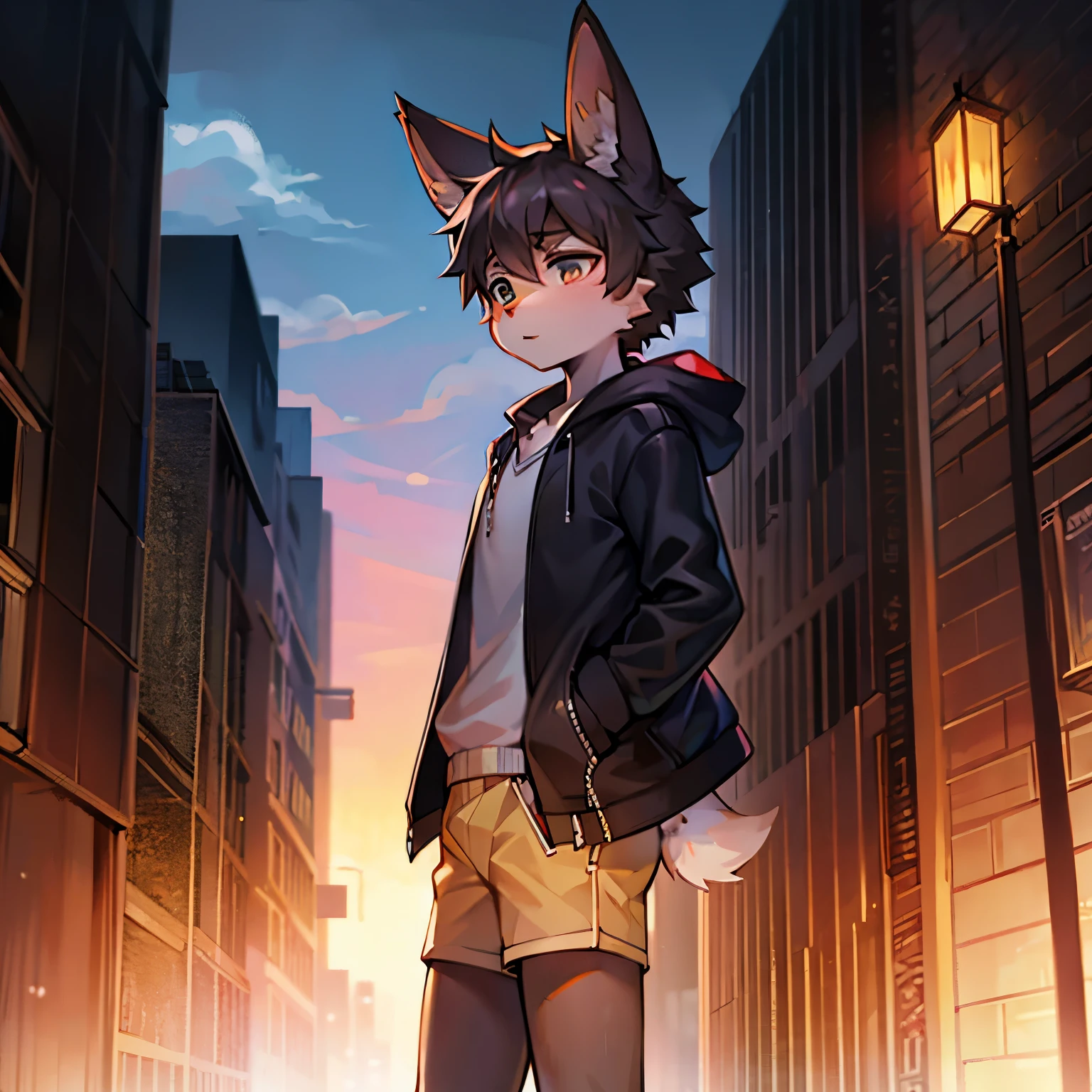 bunny boy,bunny ears,male focus,furry men,Characteristics of a three-year-old boy,short stature,Short sleeves with jacket,shorts,Standing posture,city bright