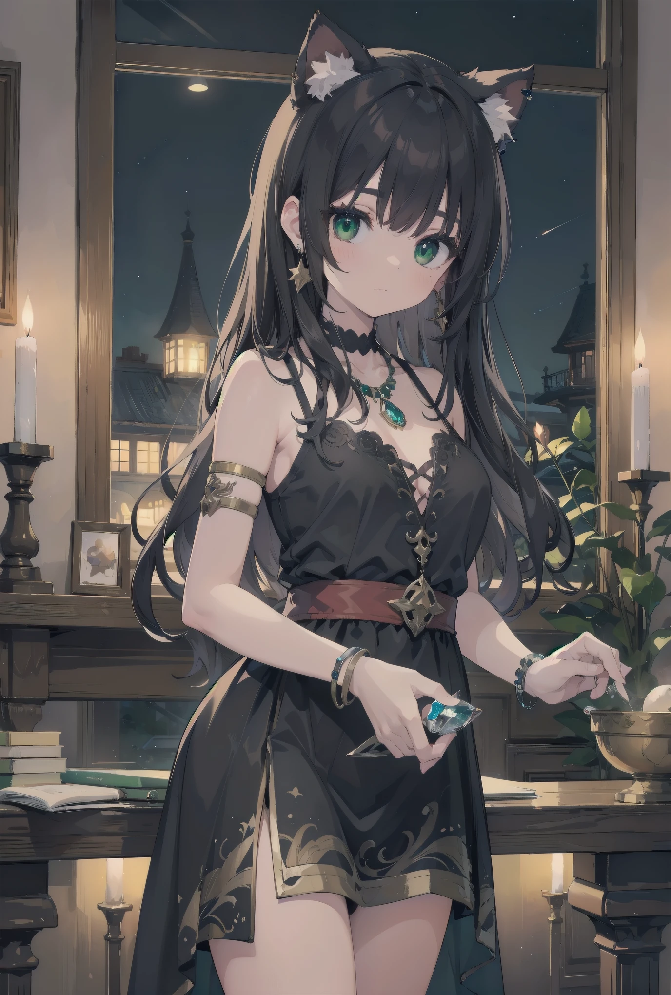 (female): solo, (perfect face), (detailed outfit), (20 years old), fortune teller, (cat ears), mysterious, (mysterious expression), (fortune telling), black hair, long hair, wavy hair, green eyes, pale skin, medium chest_circumference, gypsy top, long skirt, gemstone earrings, gemstone necklace, gemstone bracelet

(background): from front, indoor, fortune telling house, candle, star decorations, evening, clear

(effects): (masterpiece), (best quality), (sharp focus), (depth of field), (high res)