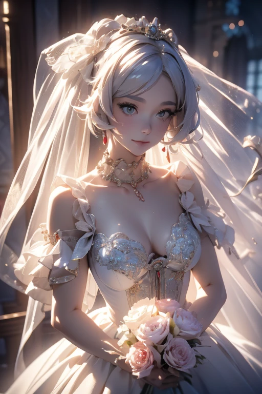(from above:1.2),(from side:0.9), ((Face)), (Close-Up:0.4), ((looking at viewer, holding a bouquet to his mouth)), highest quality、(real、photorealistic:1.4)、(RAW photo:1.2)、very detailed CG unity 8k wallpaper, delicate and beautiful, wonderful, Fine detail, official art, disorganized, very disorganized, huge file size, Ultra-detailed, very detailed, very detailed girl, very detailedなeyes and face, Bright on the face、(age girl:1.7)、small smile, ,smiling, miorine rembran, ahoge, (white hair:1.25), hair between eyes, hair bun, (long hair:1.25), tiara,,ruanyi0261,off-shoulder dress,pearl \(gemstone\),tiara,veil,wedding dress, wedding necklace, wedding long gloves, (luxurious bouquet), chapel, Stained glass,(best quality, highres, masterpiece:1.2), ultra-detailed, (realistic:1.37) illustration, erotic style, soft lighting, sweat glistening on her body, gentle warmth, dark and mysterious, small breast,narrow waist,(with sparkling eyes and a contagious smile),her thin pubic hair, looking at viewer,