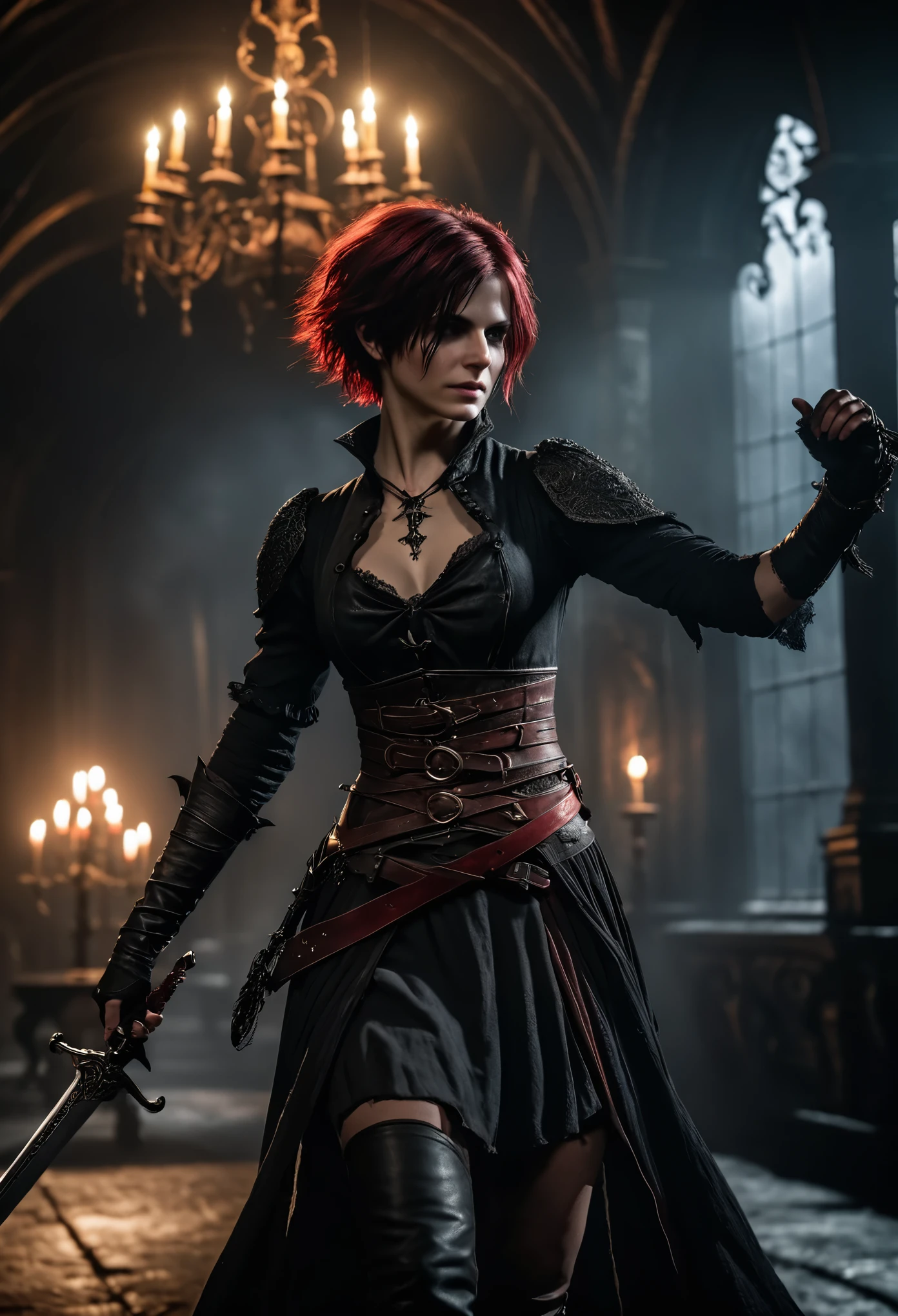 photo shot on Nikon D850, Bloodborne ~ Dark Souls 3 ~ Elden Ring ~ ultra detailed gorgeous woman with short black-red colored hair, extremely sexy,  dancing with a sword, in a world of black and red, dark gloomy  antique  atmosphere,  cinematic, blushing, teasing, Alluring. highly stylized. depth of field, bokeh effect, backlit, stylish, elegant, breathtaking, visually rich, masterpiece, full body shot.
