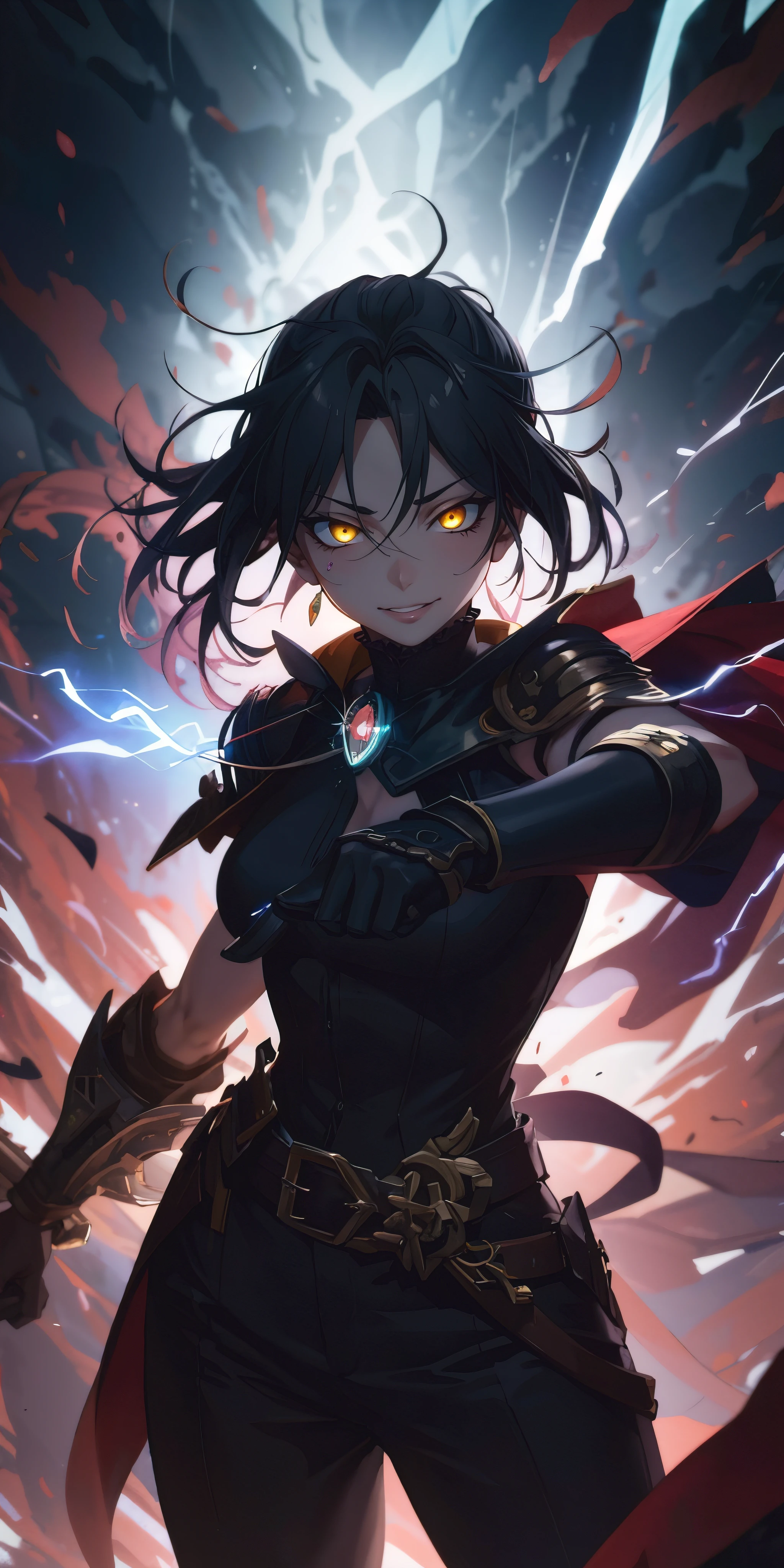 dominique_de_sade, black hair, long hair, curvy, anatomically correct, huge breasts, best quality, masterpiece, high quality, high details, highres, HD, 1girl, looking_at_viewer, solo, breasts, weapon, simple background, belt, gloves, holding, gauntlet, black pants, cape, standing, pants, fog, electricity, sword, steaming body, "glow effects, godrays, Hand drawn, render, 8k, octane render, cinema 4d, blender, dark, atmospheric 4k ultra detailed, cinematic, Sharp focus, big depth of field, Masterpiece, colors, 3d octane render, 4k, concept art, trending on artstation, hyperrealistic, Vivid colors, extremely detailed CG unity 8k wallpaper, trending on CGSociety, Intricate, High Detail, dramatic", (shaded face:1.2), hollow eyes, yellow eyes, looking at viewer, heavy breathing, smirk, upper teeth, glowing eyes, lips,