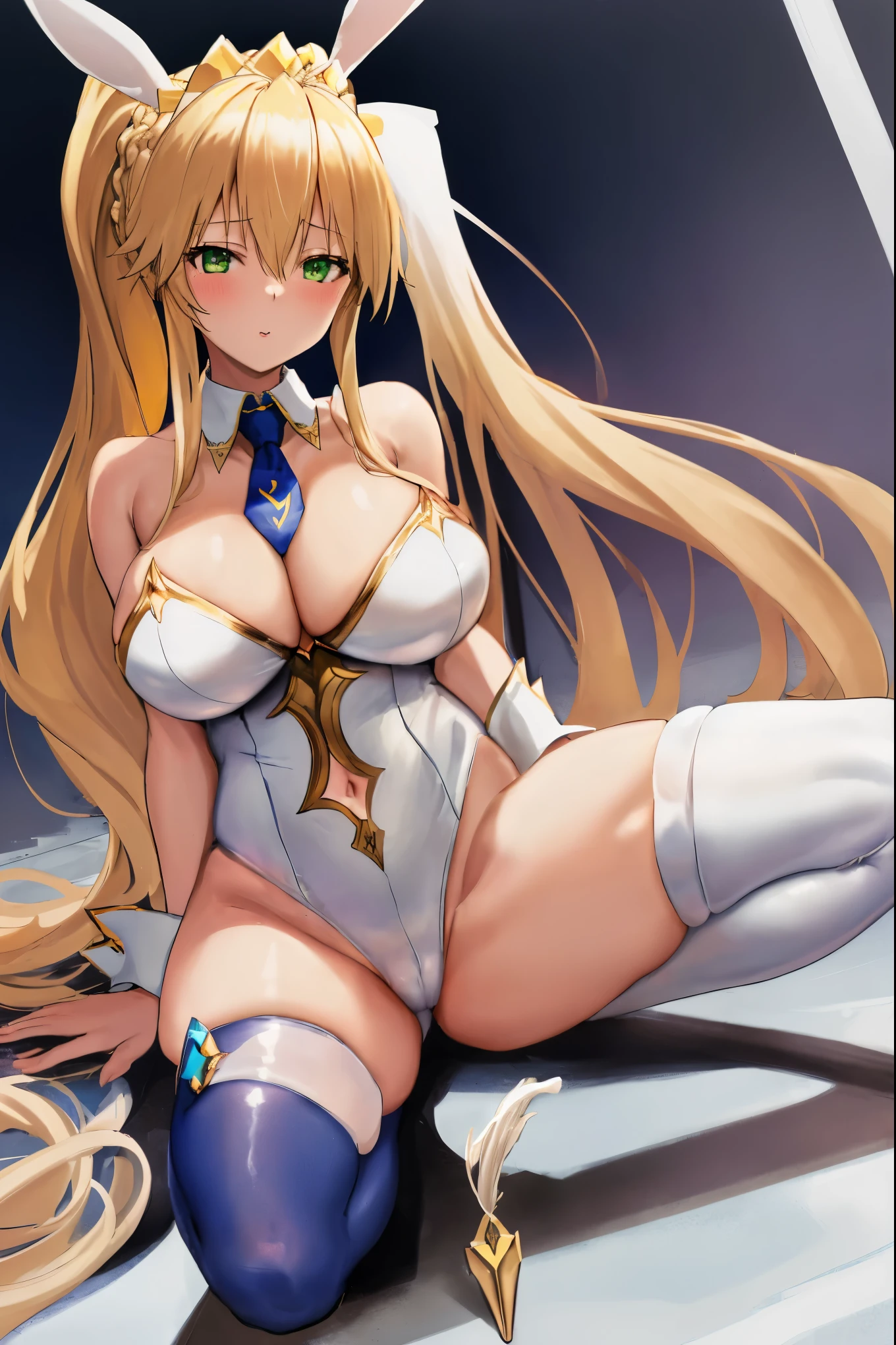 masterpiece, best quality, absurdres, looking at viewer, (light_smile:0.6),
1girl, ahoge, rabbit ears, playboy bunny, artoria pendragon \(swimsuit ruler\) \(fate\), large breasts , blonde hair, green eyes, french braid, pony tail
bare shoulders, large breasts , cleavage,
clothing cut out, wrist cuffs, detached collar, cutout, feather boa,
white leotard, blue necktie, blue pantyhose, single thigh strap, hands_above_head,(squat:1.3),(spread_legs:1.3),rabbit_pose,solo,stretch_fingertips