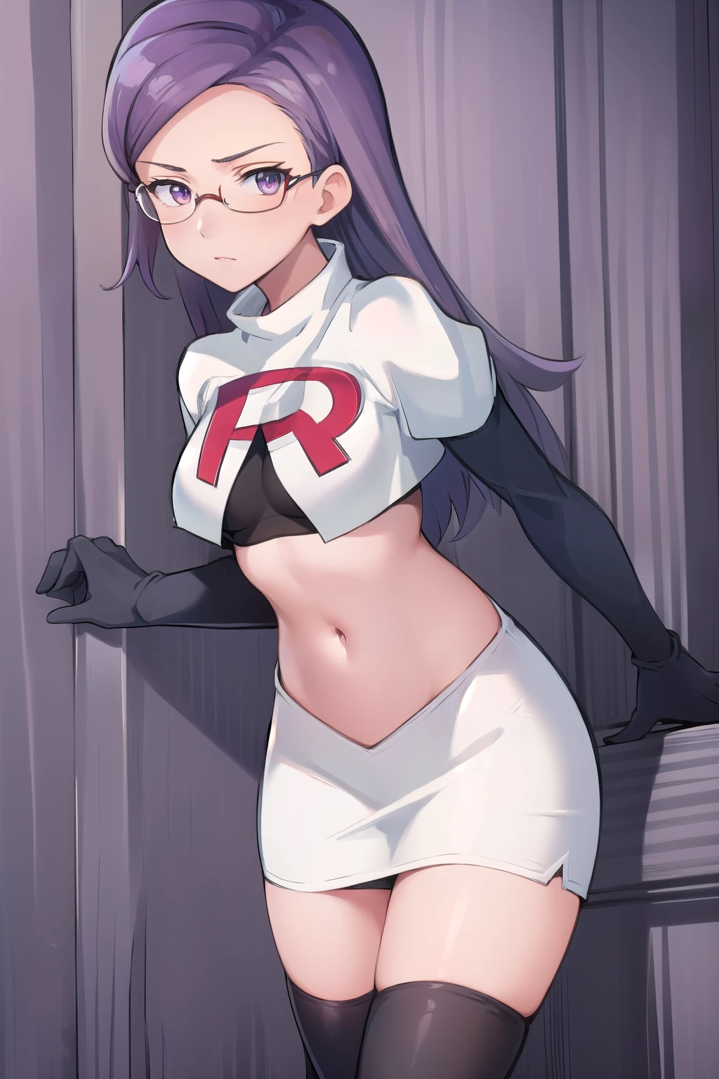 best quality, (masterpiece:1.2), illustration, absurdres, anime,
(1girl, solo), (beautiful detailed girl),
Ada Grant, purple hair, long hair, medium breasts,
glasses, team rocket,team rocket uniform, red letter R, white skirt,white crop top,black thigh-highs,black elbow gloves
 (looking at viewer)