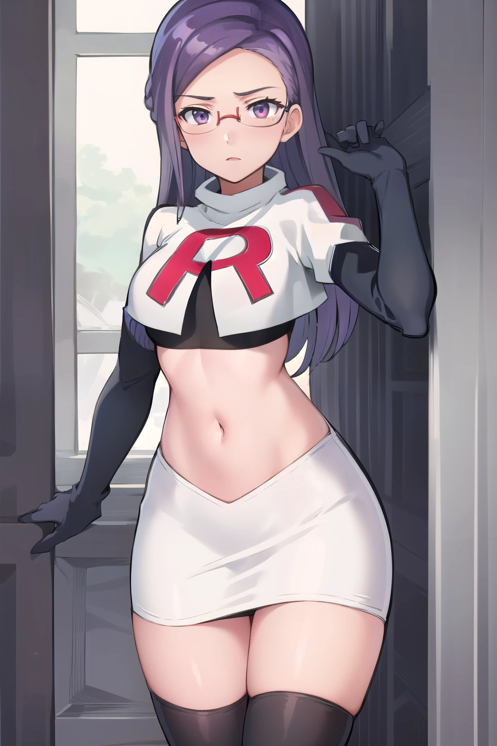 best quality, (masterpiece:1.2), illustration, absurdres, anime,
(1girl, solo), (beautiful detailed girl),
Ada Grant, purple hair, long hair, medium breasts,
glasses, team rocket,team rocket uniform, red letter R, white skirt,white crop top,black thigh-highs,black elbow gloves
 (looking at viewer)