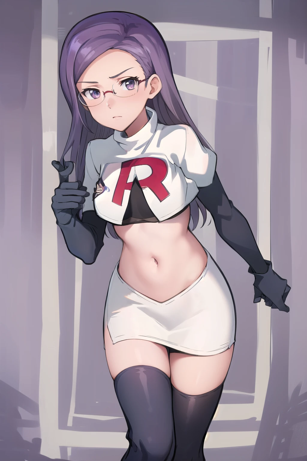 best quality, (masterpiece:1.2), illustration, absurdres, anime,
(1girl, solo), (beautiful detailed girl),
Ada Grant, purple hair, long hair, medium breasts,
glasses, team rocket,team rocket uniform, red letter R, white skirt,white crop top,black thigh-highs,black elbow gloves
 (looking at viewer)