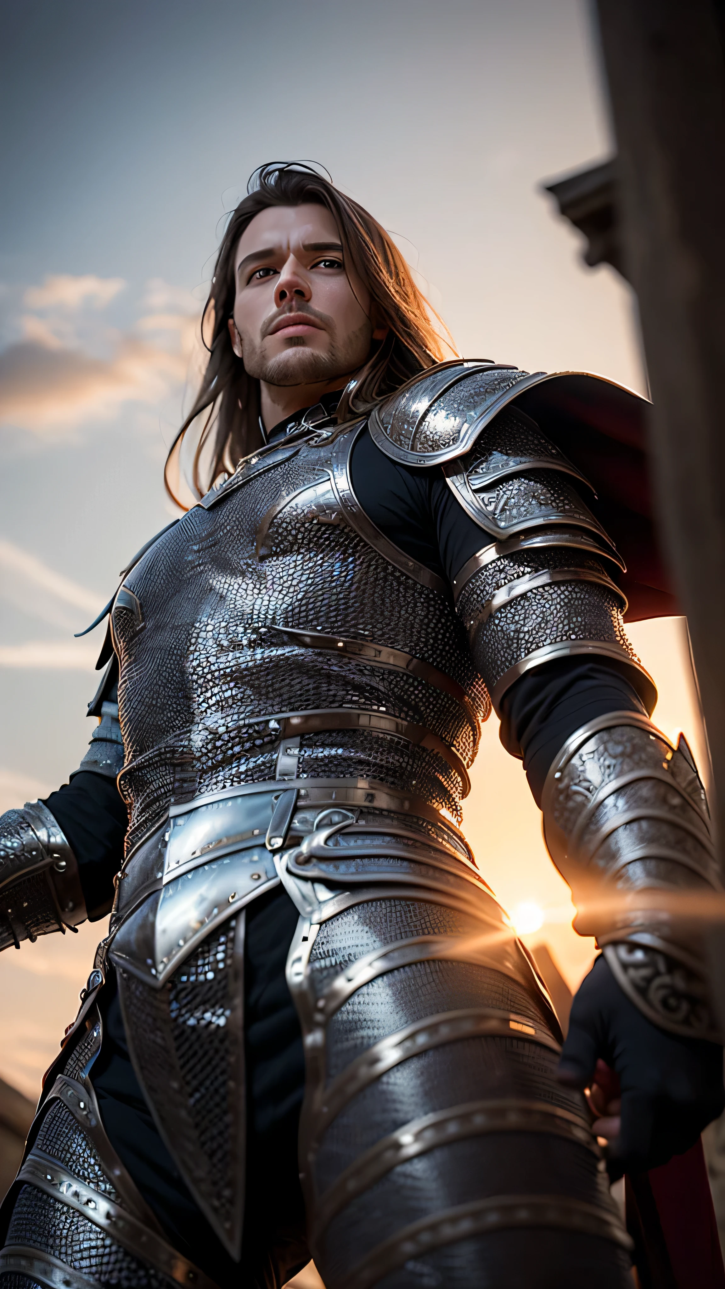 (masterpiece), (extremely intricate:1.3), (realistic), portrait of a man, (medieval armor), metal reflections, upper body, outdoors, intense sunlight, far away castle, professional photograph of a handsome man detailed, (long straight blonde hair, dynamic pose), sharp focus, dramatic, award winning, cinematic lighting, volumetrics dtx, (film grain, blurry background, blurry foreground, bokeh, depth of field, sunset, interaction, matte black Perfectchainmail, ((gigantic, giant, from below)))