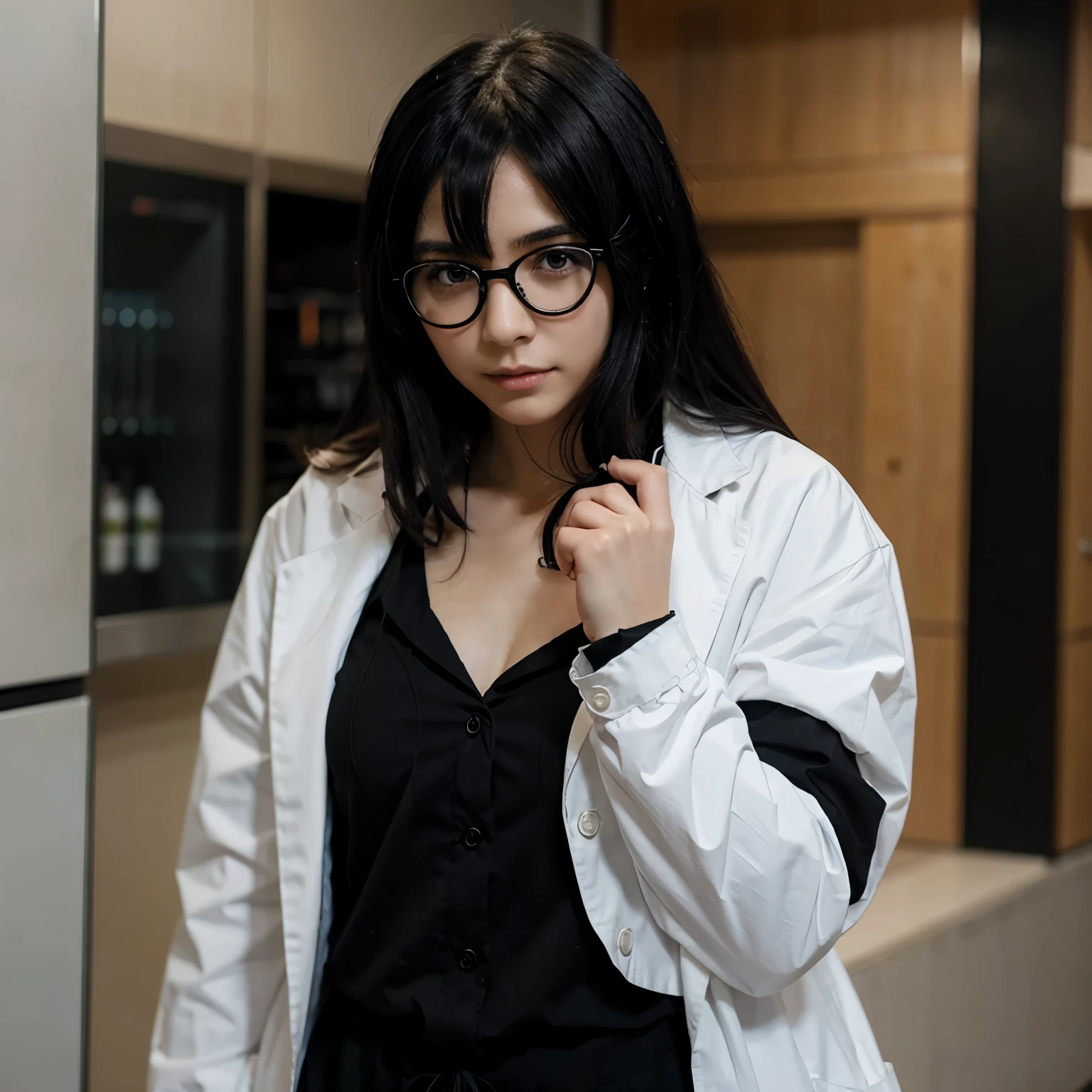An anime girl with black hair and eyes dressed as a scientist and wearing black glasses