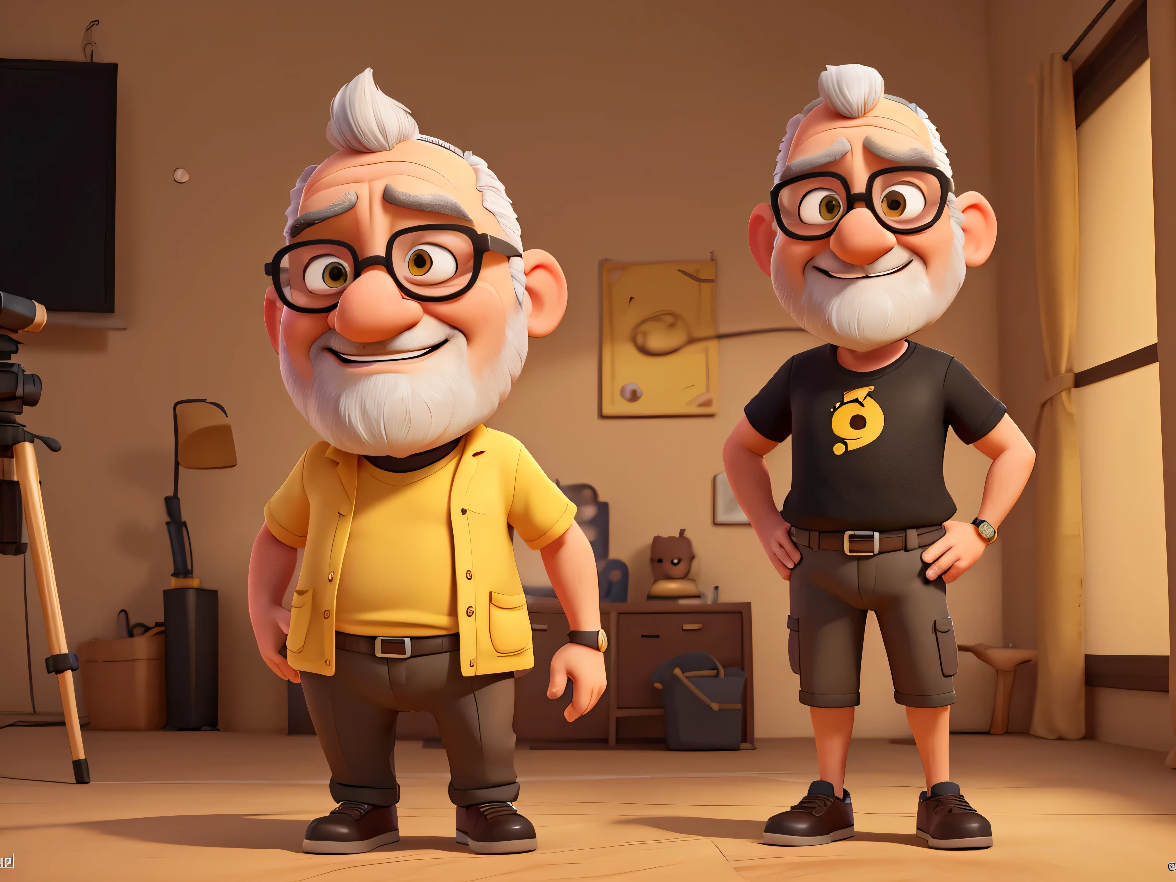 ((animation character)) A 50-year-old bald man with an exaggerated comical expression, wearing black glasses and a yellow t-shirt, stands in front of the camera with a comical expression on his face, his hands hands a tripod with camera. Animation style rendering is 3D stylized, featuring a high level of detail in every texture and feature of her clay-like skin. ((imagem de corpo inteiro)) personagem de desenho animado. The scene takes place in a cinematic setting, with the sharp focus on your face illuminating it under the heat, luminous lighting. The camera lens shines in the light as he takes the best quality screenshot