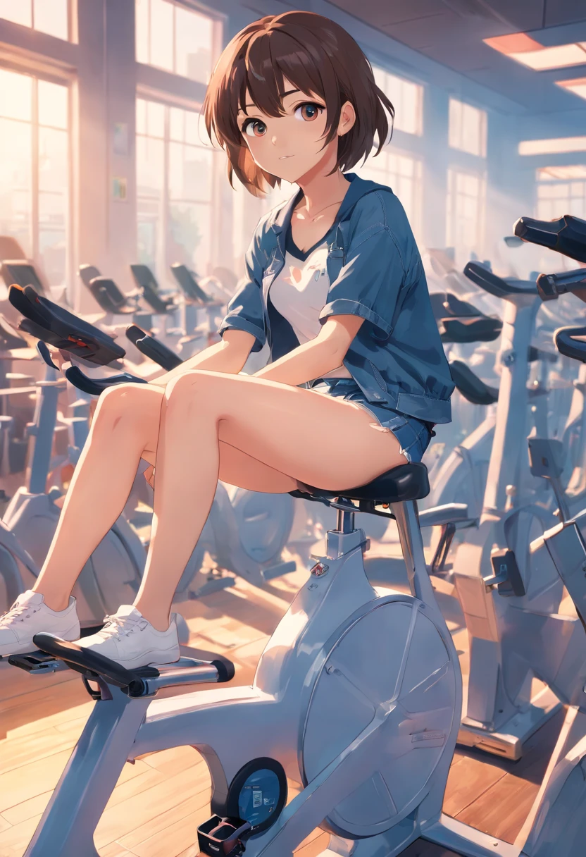 a girl sitting on gym cycle saddle, spread legs, denim miniskirt, white panties,