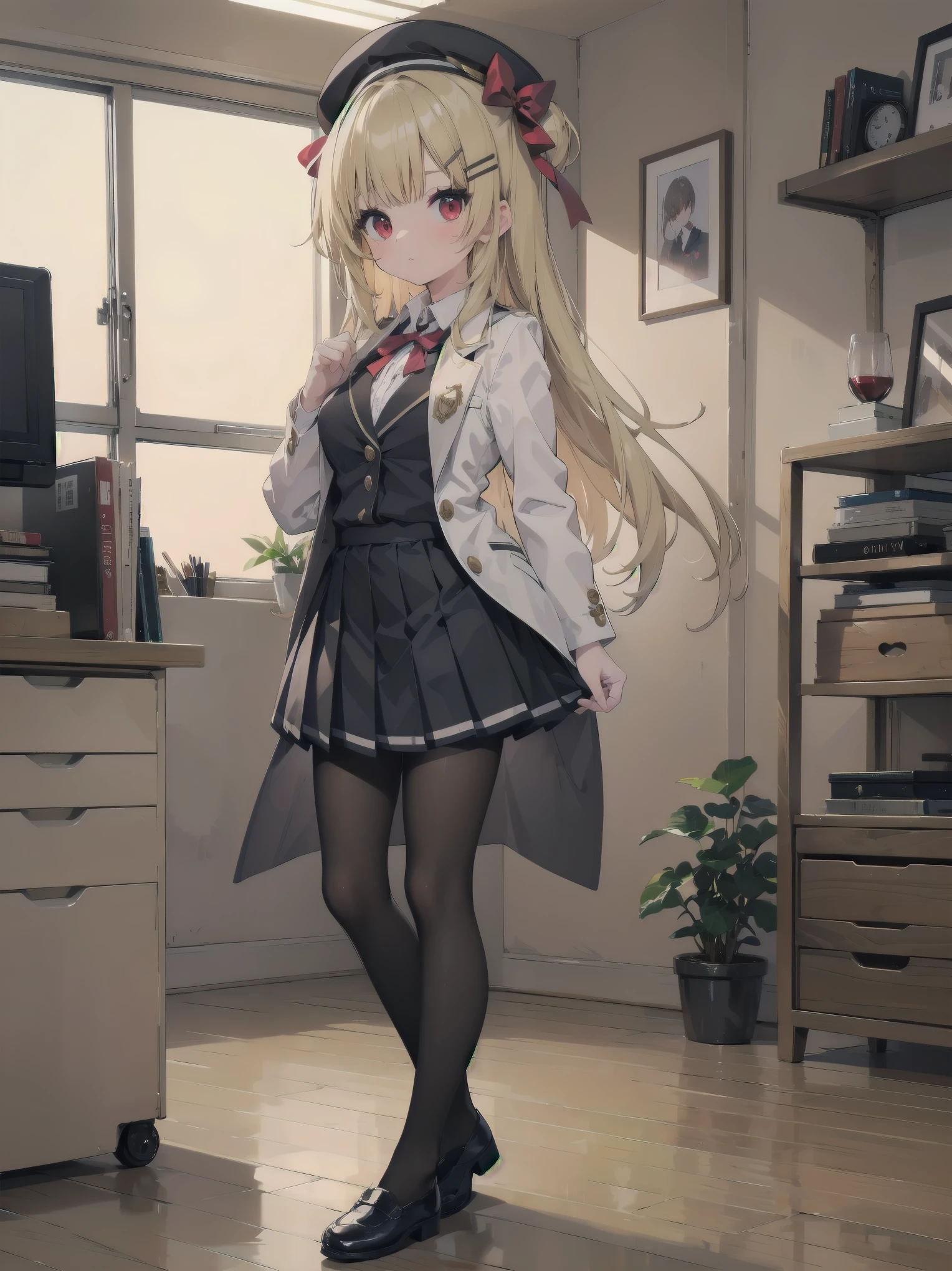 (Masterpiece: 1. 2), (Top quality: 1. 2), Anime girl, One, Blonde hair, Hair clip on right side of forelock, Black cap, Wine red eyes, White female shirt, Brand grey blazer, Small red ribbon across chest, Office clothes, One size larger shirt, Checked priss skirt, Black tights, tights with fine detail, full body, large breasts, front view, alone, bruised and super cute