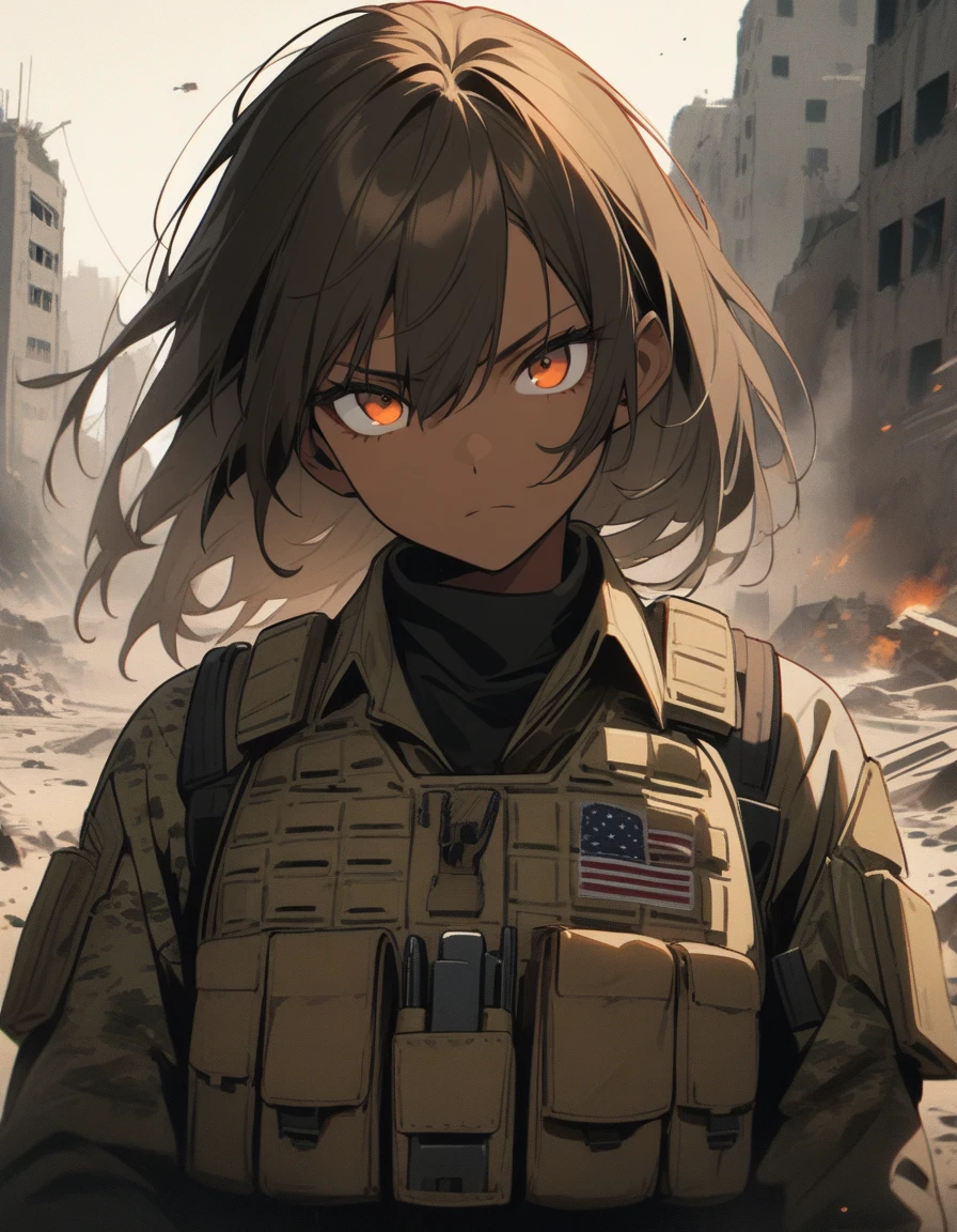 1girl, solo, Filipino woman, 26 years old, tanned bronze skin, amber eyes, (Wearing: USA marine corps uniform, camouflage military uniform, bullet proof vest, pants, utility belt, armor and gloves), closed mouth, looking at viewer, hair between eyes, outdoors, warzone, ruined city background, serious face, upper body, masterpiece, best quality, very aesthetic, gritty tone, absurdres