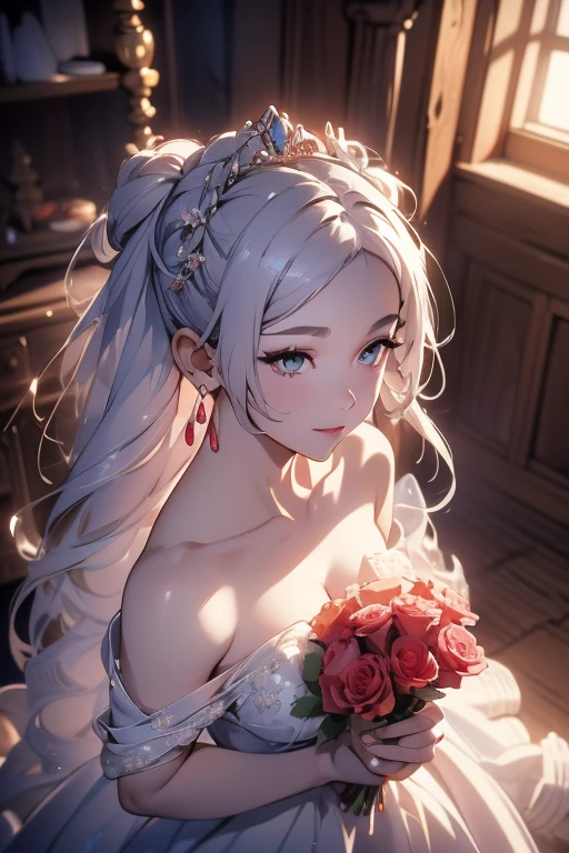 (from above:1.2),(from side:0.9), ((Face)), (Close-Up:0.4), ((looking at viewer, holding a bouquet to his mouth)), highest quality、(real、photorealistic:1.4)、(RAW photo:1.2)、very detailed CG unity 8k wallpaper, delicate and beautiful, wonderful, Fine detail, official art, disorganized, very disorganized, huge file size, Ultra-detailed, very detailed, very detailed girl, very detailedなeyes and face, Bright on the face、(age girl:1.7)、small smile, ,smiling, miorine rembran, ahoge, (white hair:1.25), hair between eyes, hair bun, (long hair:1.25), tiara,,ruanyi0261,off-shoulder dress,pearl \(gemstone\),tiara,veil,wedding dress, wedding necklace, wedding long gloves, (luxurious bouquet), chapel, Stained glass,(best quality, highres, masterpiece:1.2), ultra-detailed, (realistic:1.37) illustration, erotic style, soft lighting, sweat glistening on her body, gentle warmth, dark and mysterious, small breast,narrow waist,(with sparkling eyes and a contagious smile),her thin pubic hair, looking at viewer, 