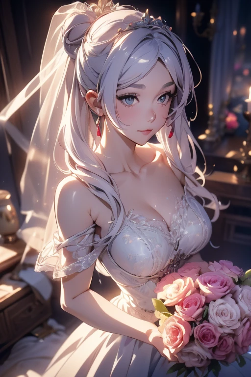(from above:1.2),(from side:0.9), ((Face)), (Close-Up:0.4), ((looking at viewer, holding a bouquet to his mouth)), highest quality、(real、photorealistic:1.4)、(RAW photo:1.2)、very detailed CG unity 8k wallpaper, delicate and beautiful, wonderful, Fine detail, official art, disorganized, very disorganized, huge file size, Ultra-detailed, very detailed, very detailed girl, very detailedなeyes and face, Bright on the face、(teenage girl:1.7)、small smile, ,smiling, miorine rembran, ahoge, (white hair:1.25), hair between eyes, hair bun, (long hair:1.25), tiara,,ruanyi0261,off-shoulder dress,pearl \(gemstone\),tiara,veil,wedding dress, wedding necklace, wedding long gloves, (luxurious bouquet), chapel, Stained glass,(best quality, highres, masterpiece:1.2), ultra-detailed, (realistic:1.37) illustration, erotic style, soft lighting, sweat glistening on her body, gentle warmth, dark and mysterious, small breast,narrow waist,(with sparkling eyes and a contagious smile),her thin pubic hair, looking at viewer,